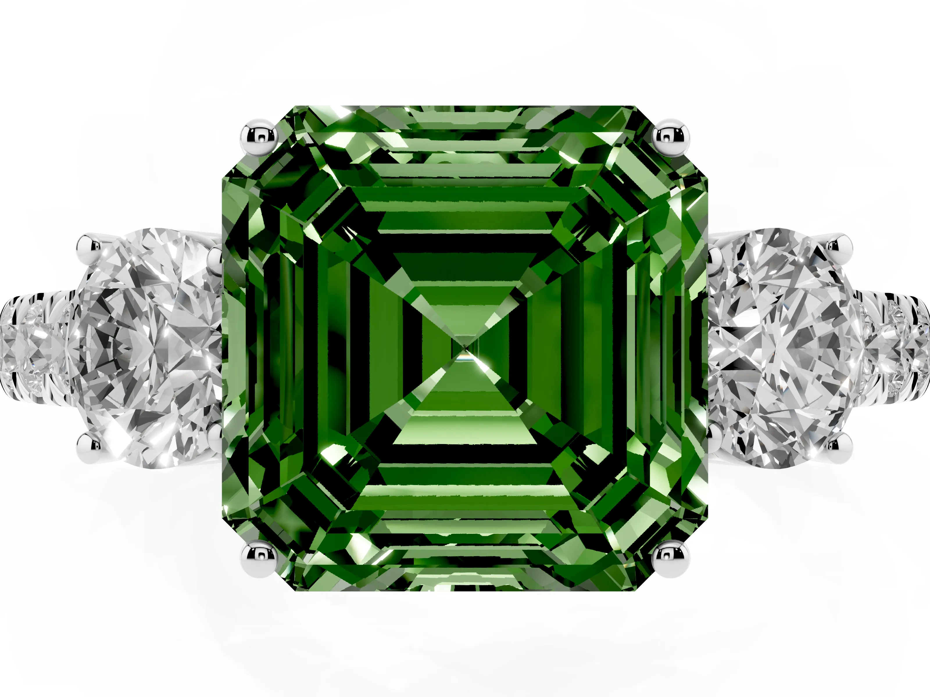 Fancy Green Asscher Cut Diamond Three-Stone Ring Set in Silver with Round Side Stones and Delicate Pavé Band