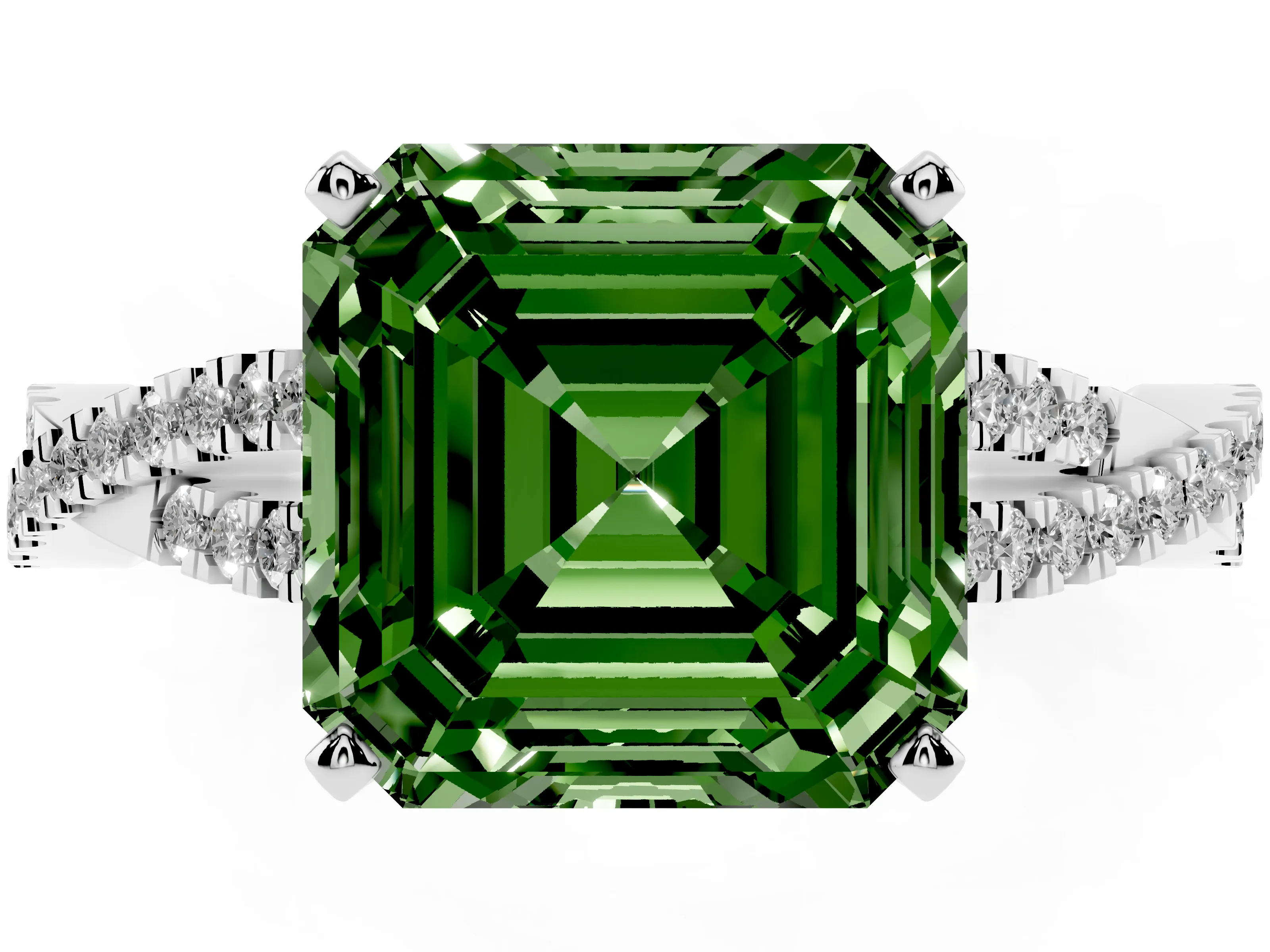 Fancy Green Asscher Cut Diamond Solitaire Engagement Ring Set in White gold with Twisted Pavé Band and Prong Setting