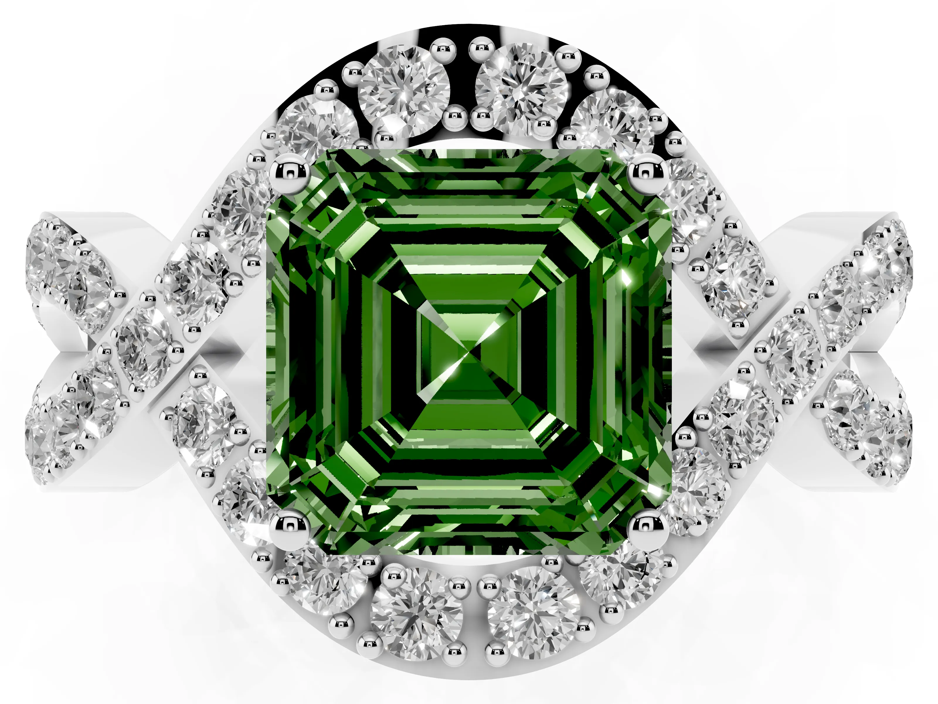 Fancy Green Asscher Cut Diamond Solitaire Twist Band Pavé Engagement Ring Set in Silver