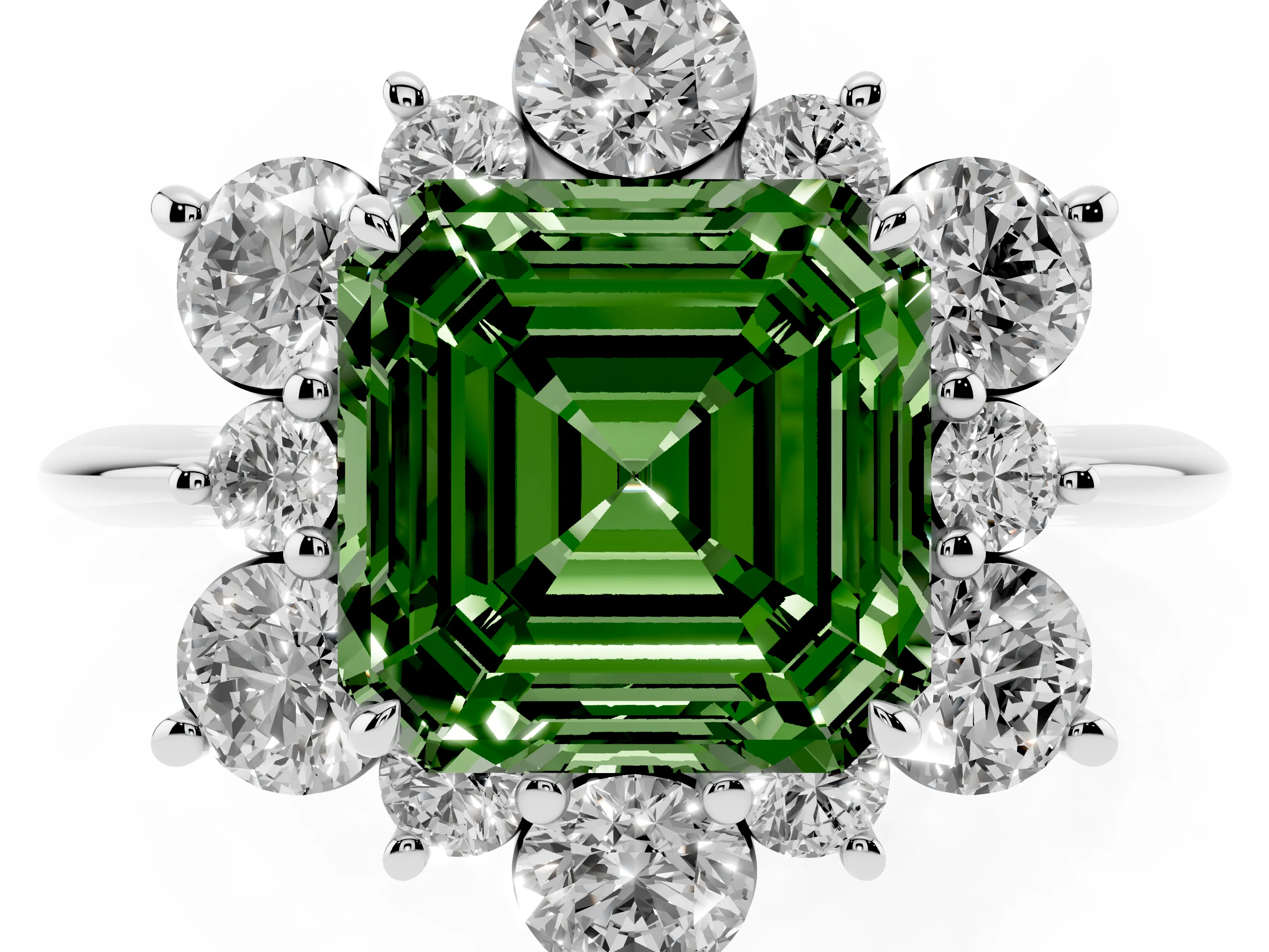 Fancy Green Asscher Cut Diamond Cluster Halo Ring Set in Silver with Solitaire Band and Prong Setting