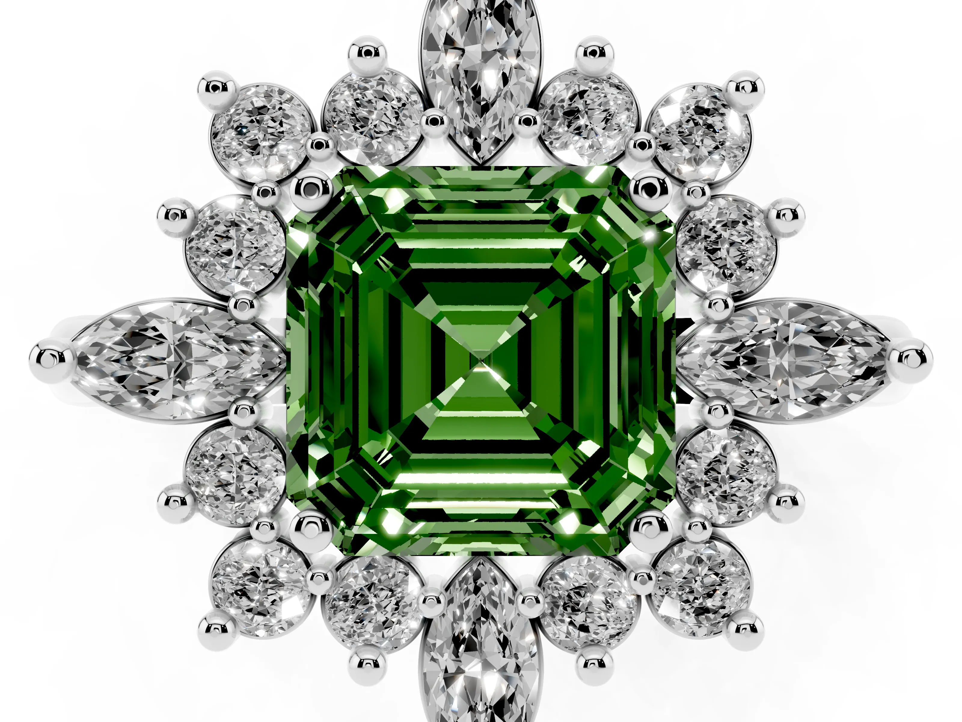 Fancy Green Asscher Cut Diamond Cluster Halo Ring Set in White gold with Marquise and Round Accents
