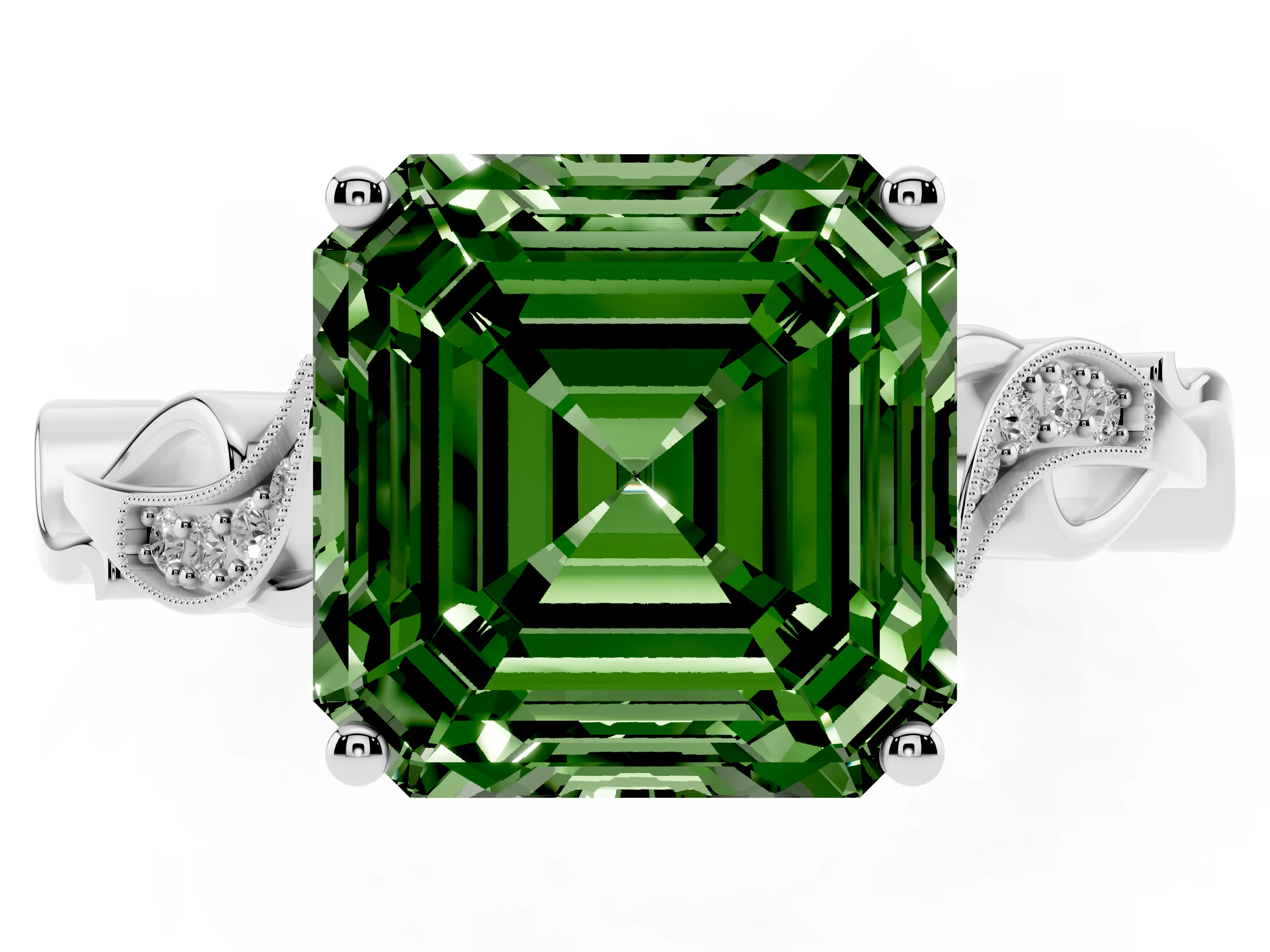 Fancy Green Asscher Cut Diamond Vine Band Solitaire Ring Set in White gold with Milgrain Prong Setting