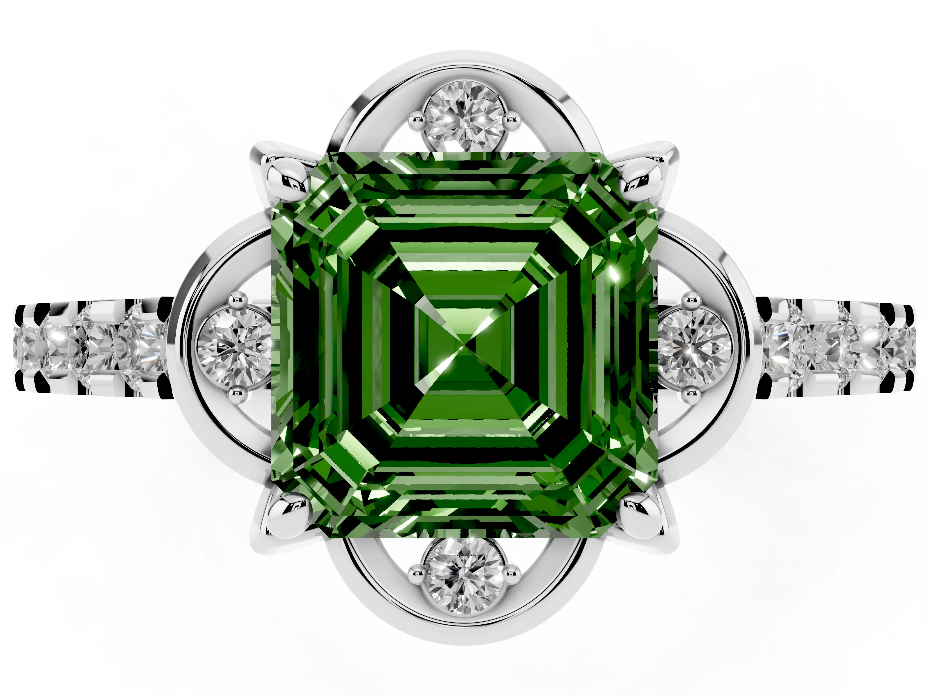 Fancy Green Asscher Cut Diamond Solitaire Ring Set in White gold with Pavé Band and Floral Prong Setting