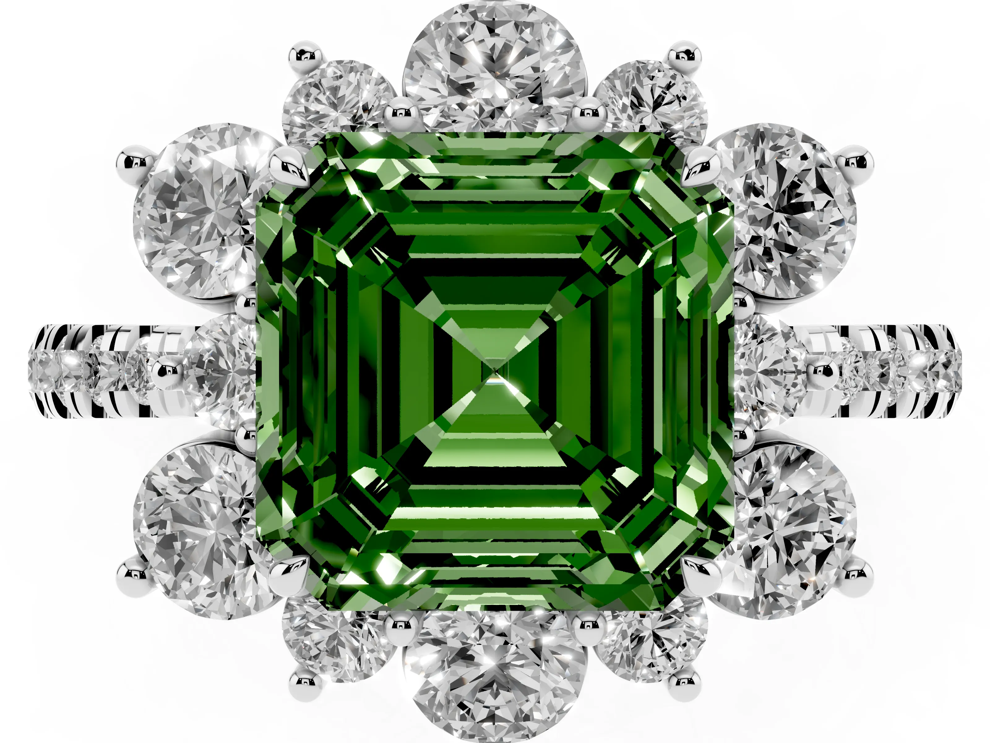 Fancy Green Asscher Cut Diamond Floral Halo Ring Set in Platinum with Round Pavé Band and Prong Setting