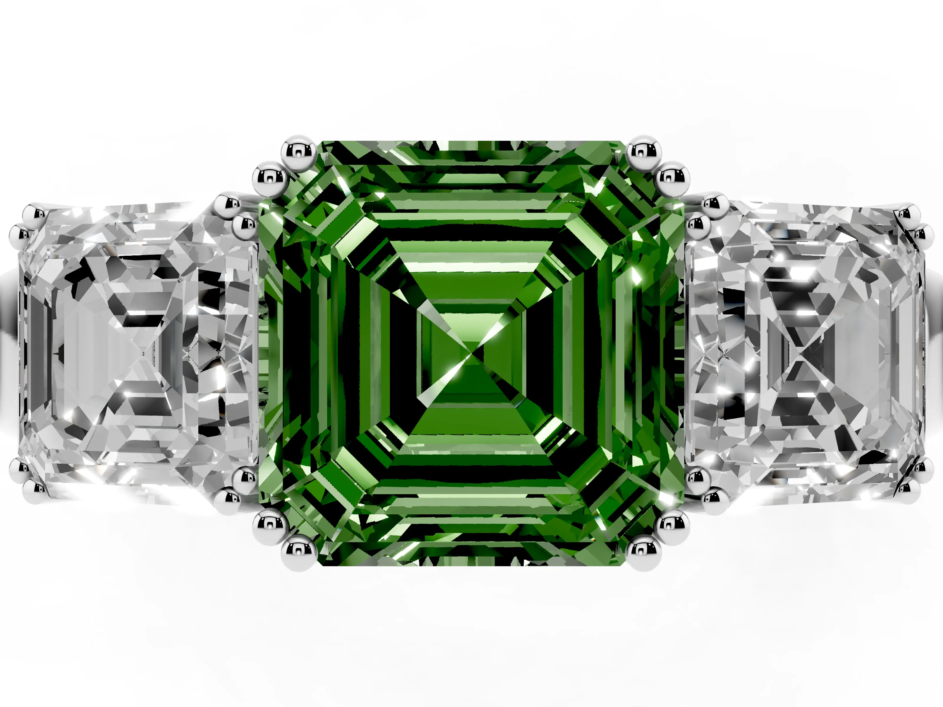 Fancy Green Asscher Cut Diamond Three-Stone Ring Set in Silver with Polished Band and Prong Setting