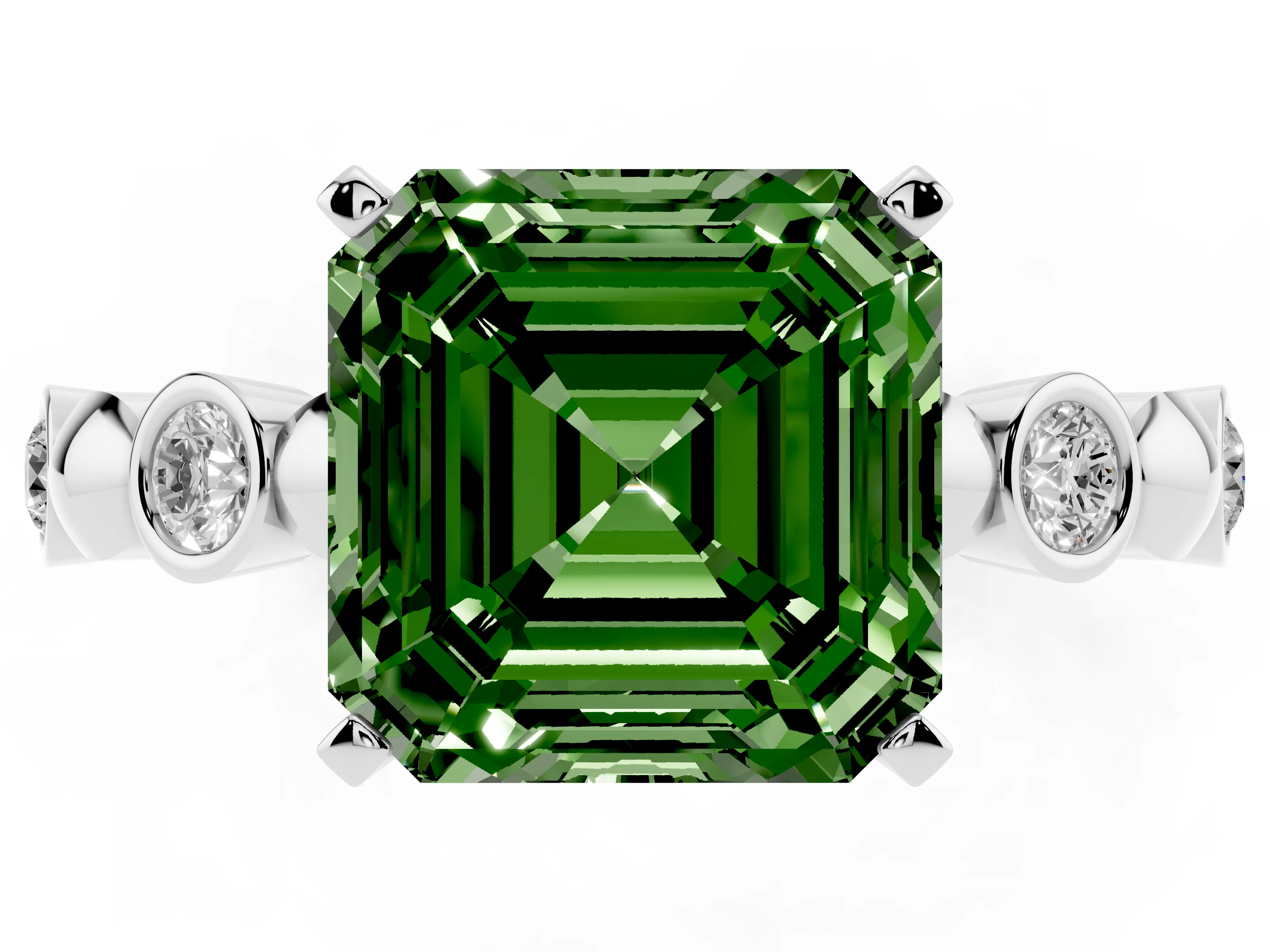 Fancy Green Asscher Cut Diamond Solitaire Ring Set in Platinum with Bezel-Set Accents on Beaded Band and Prong Setting