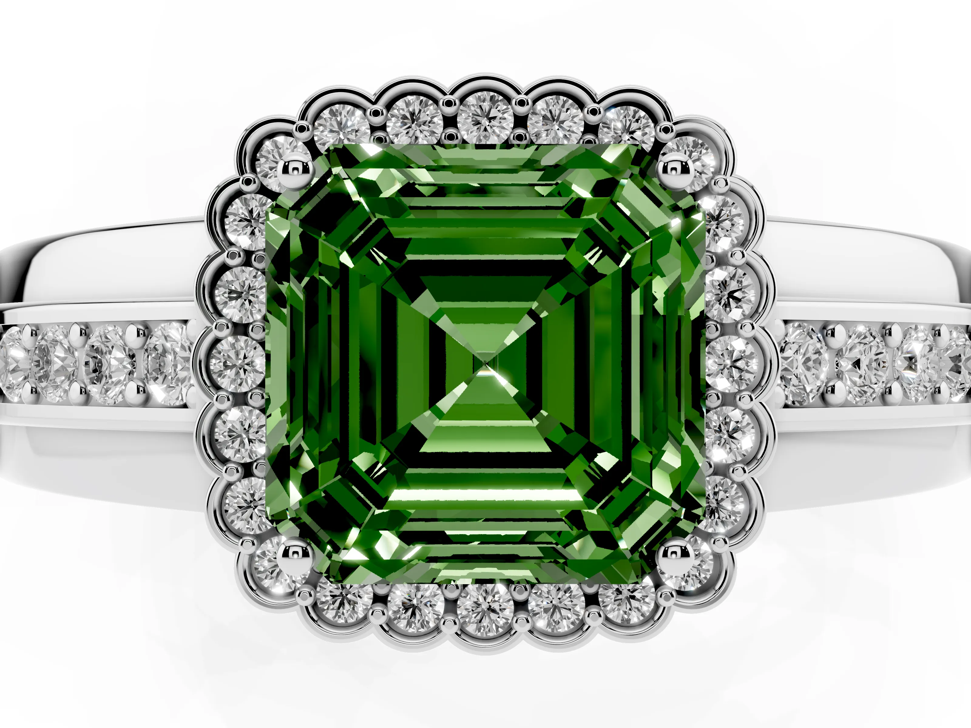 Fancy Green Asscher Cut Diamond Halo Prong Ring Set in Platinum with Pavé Band