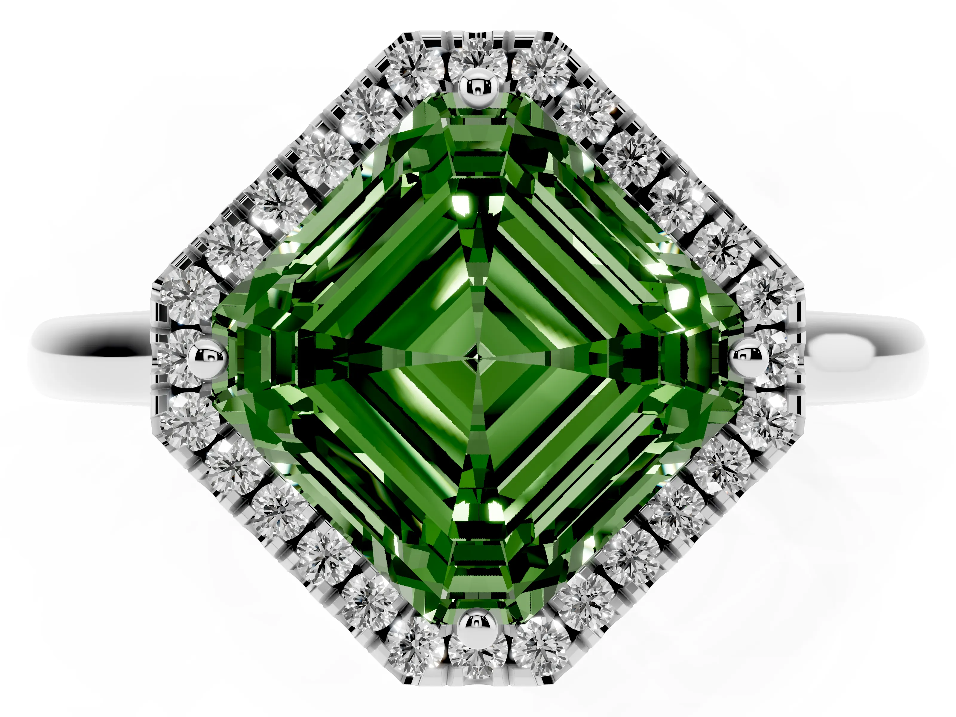 Fancy Green Asscher Cut Diamond Halo Engagement Ring Set in White gold with Pavé Band and Rising Shoulders