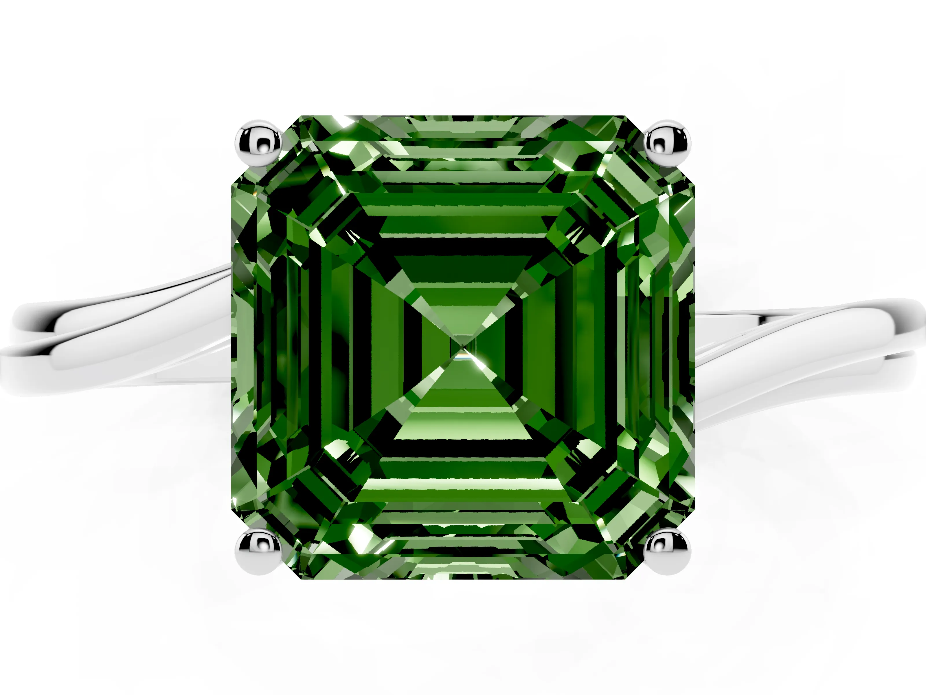 Fancy Green Asscher Cut Diamond Solitaire Twist Band Ring Set in Platinum with Prong Setting