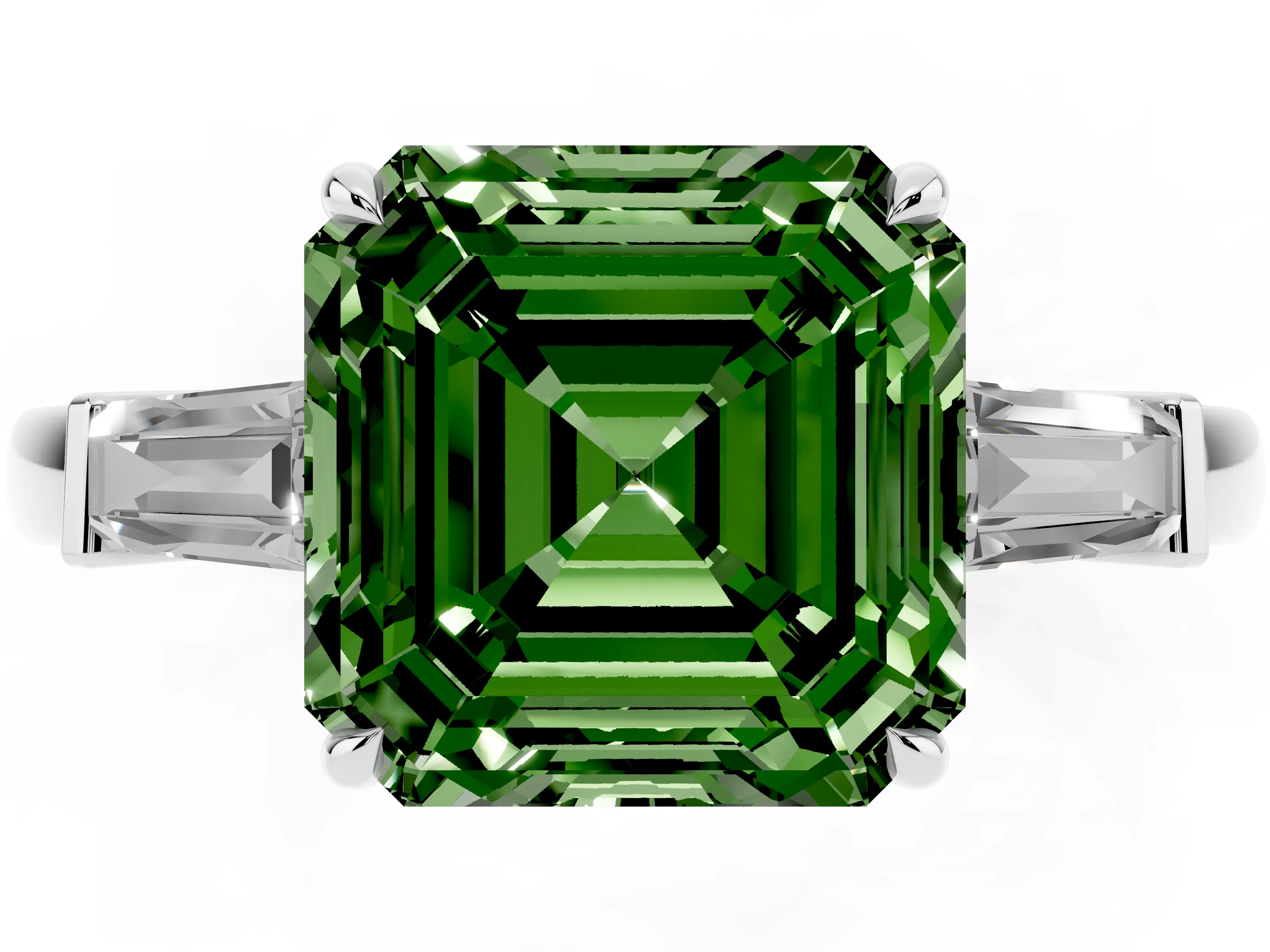 Fancy Green Asscher Cut Diamond Three-Stone Ring Set in Platinum with Tapered Baguette Side Stones and Prong Setting