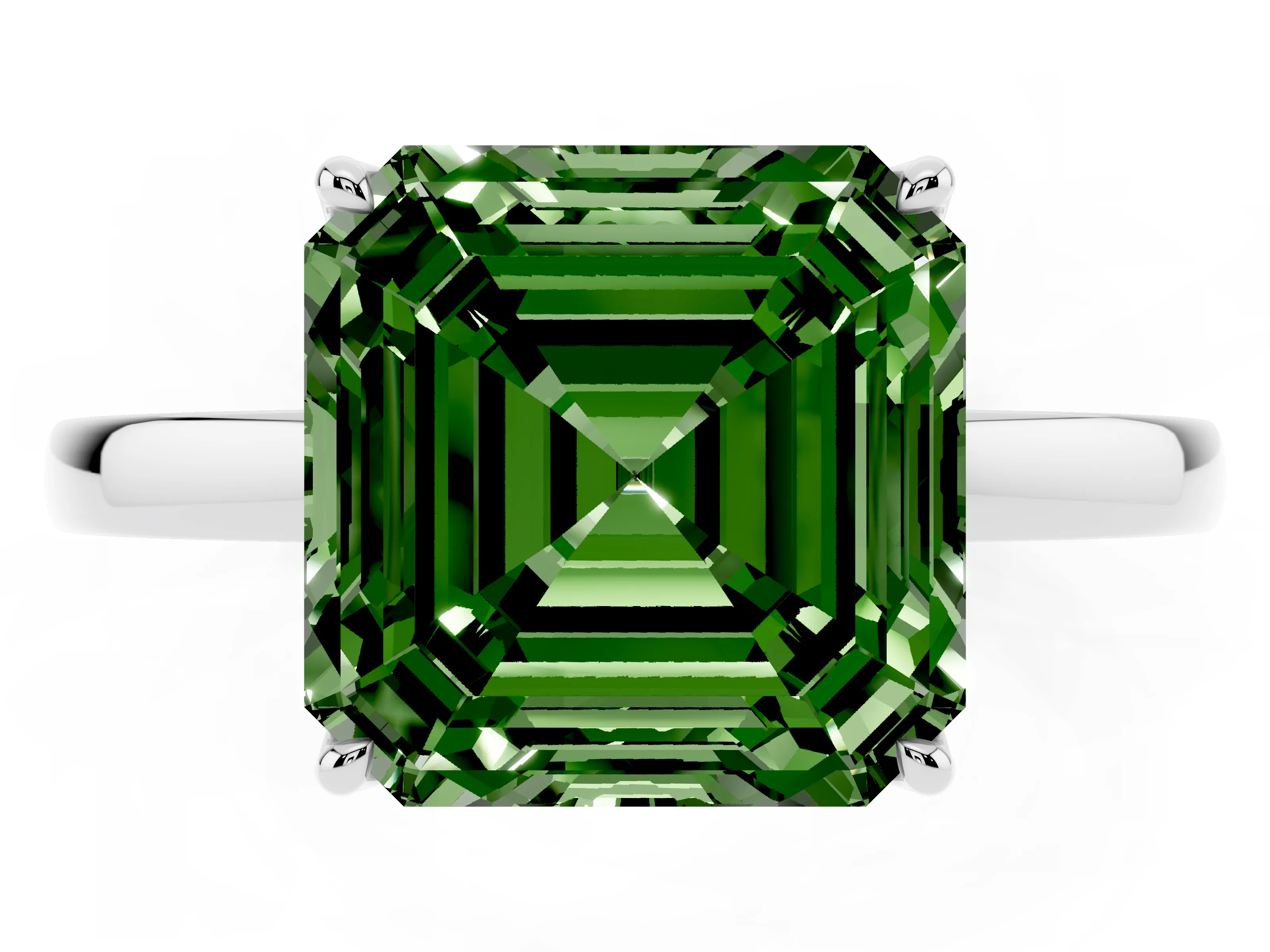 Fancy Green Asscher Cut Diamond Solitaire Ring Set in Platinum with Prong Setting and Thin Polished Band