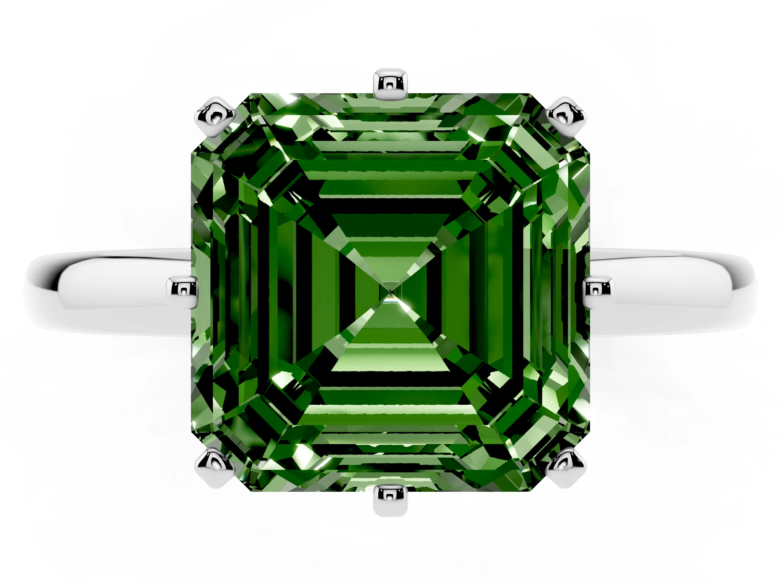 Fancy Green Asscher Cut Diamond Solitaire Ring Set in White gold with Raised Prong Setting on a Classic Band