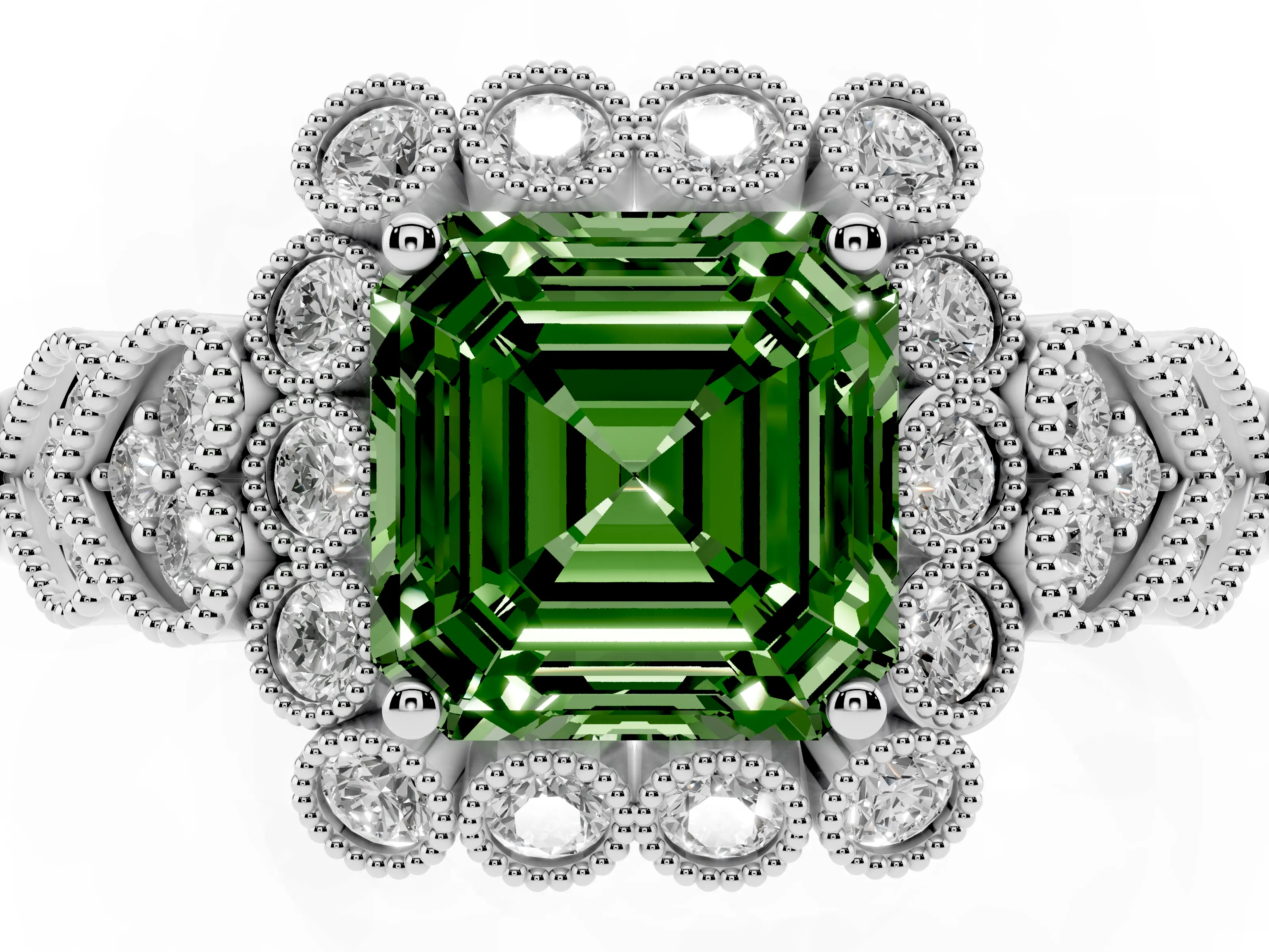 Fancy Green Asscher Cut Diamond Solitaire Ring Set in Platinum with Milgrain Pavé Heart Band
