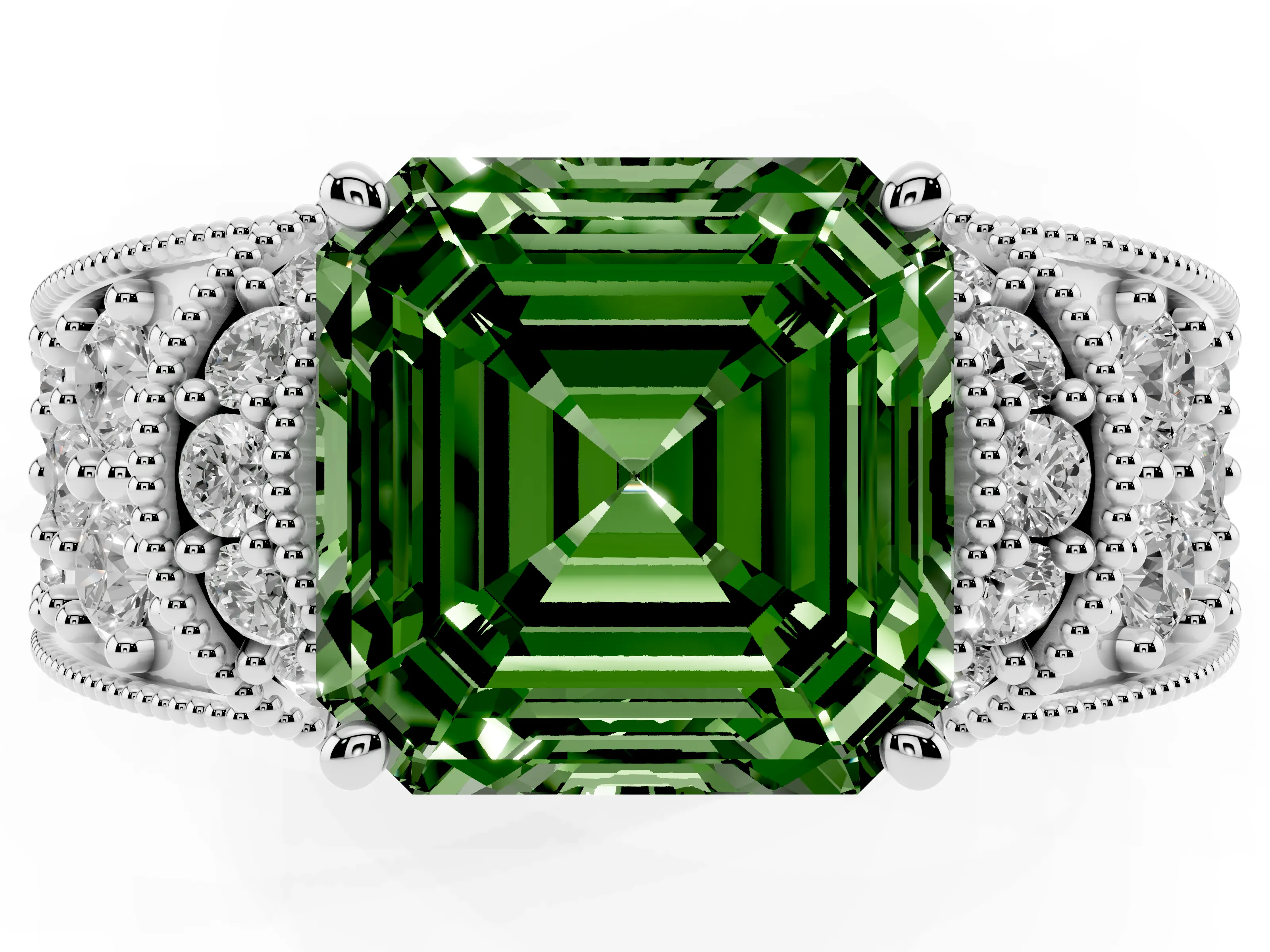 Fancy Green Asscher Cut Diamond Milgrain Halo Pavé Engagement Ring Set in Platinum with Prong Setting