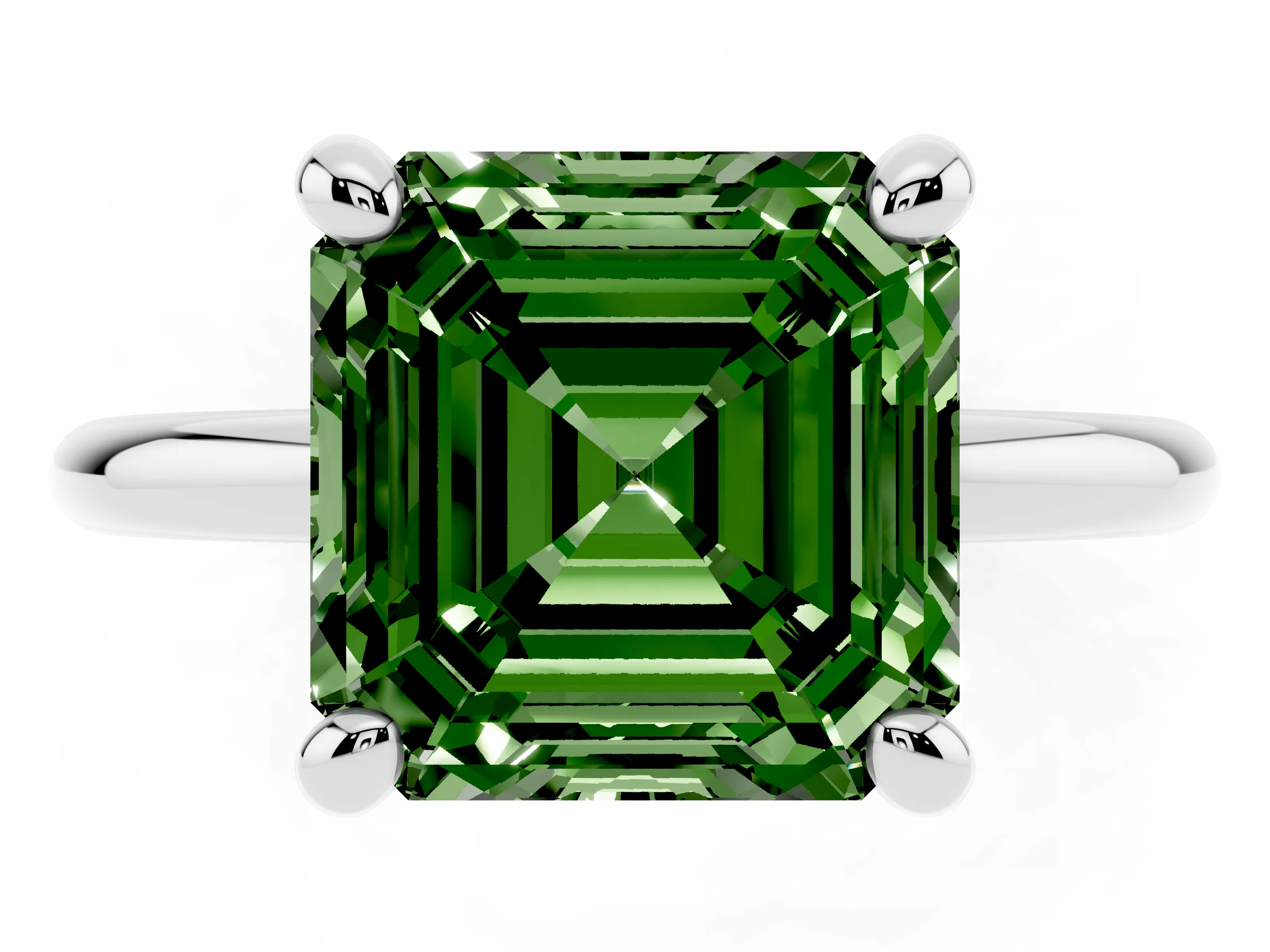 Fancy Green Asscher Cut Diamond Solitaire Ring Set in White gold with Prong Setting on a Polished Plain Band