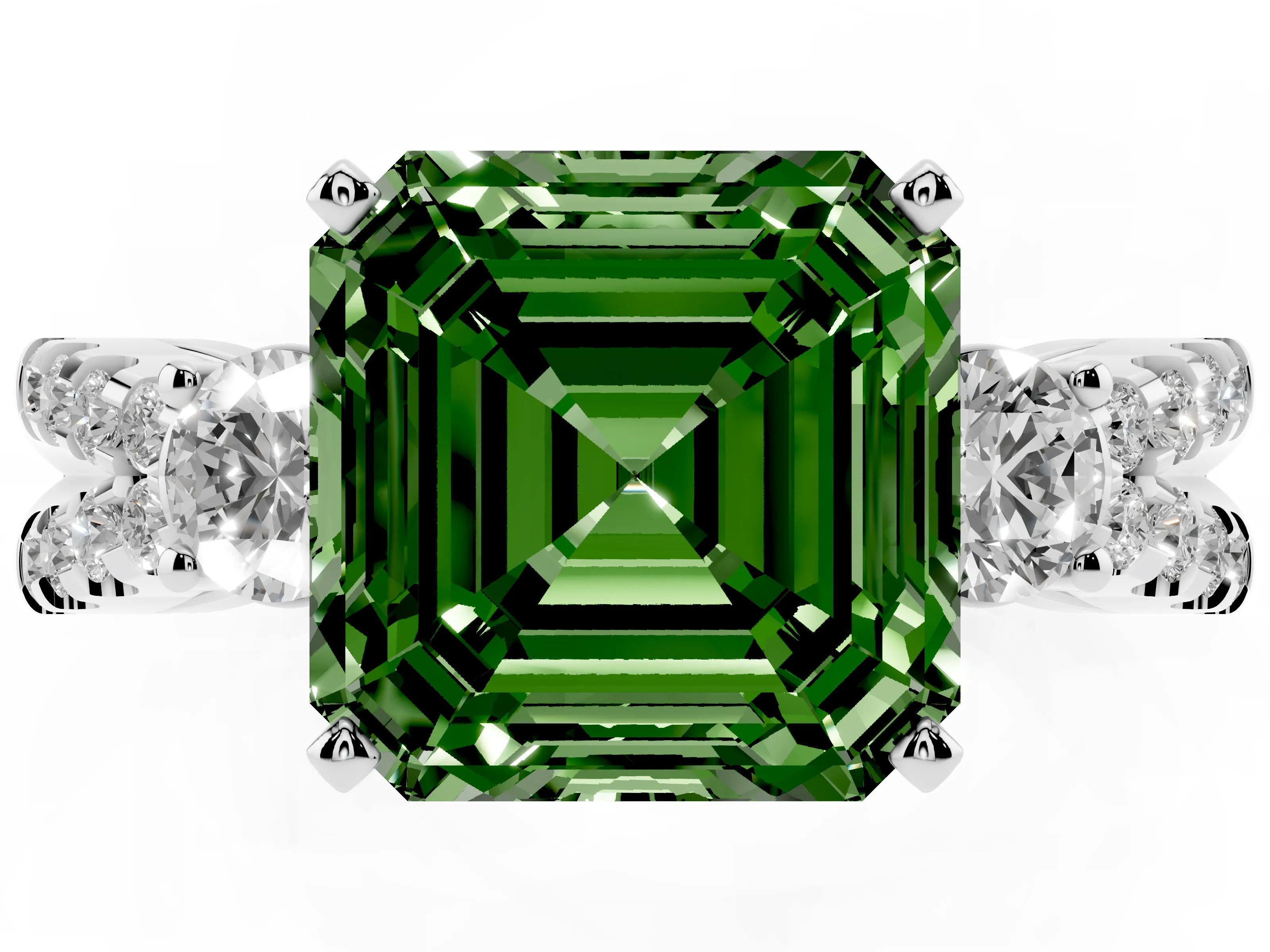 Fancy Green Asscher Cut Diamond Three-Stone Ring Set in Platinum with Pavé Split Shank and Prong Setting