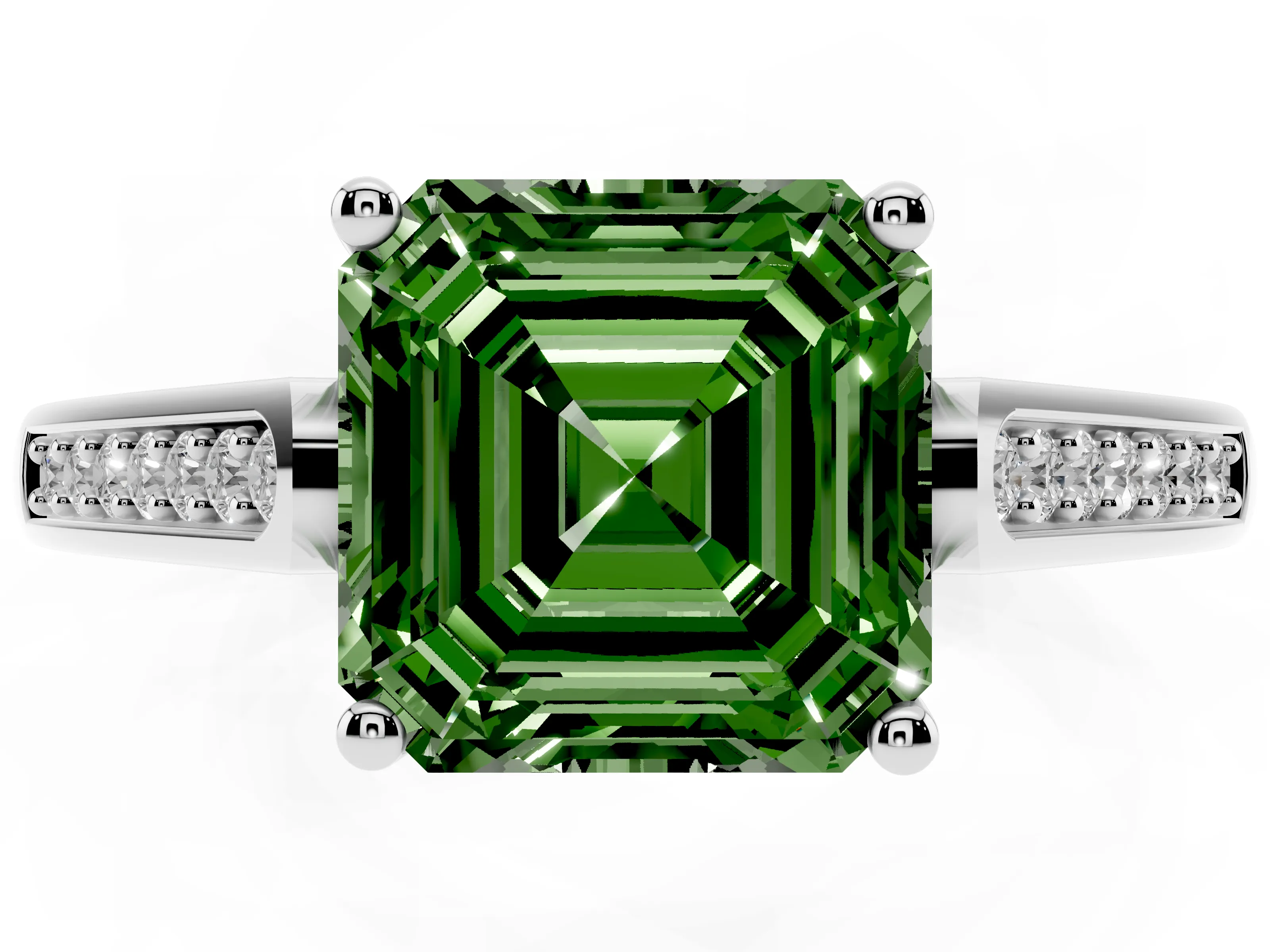 Fancy Green Asscher Cut Diamond Solitaire Cathedral Engagement Ring Set in White gold with Channel-Set Band and Prong Setting