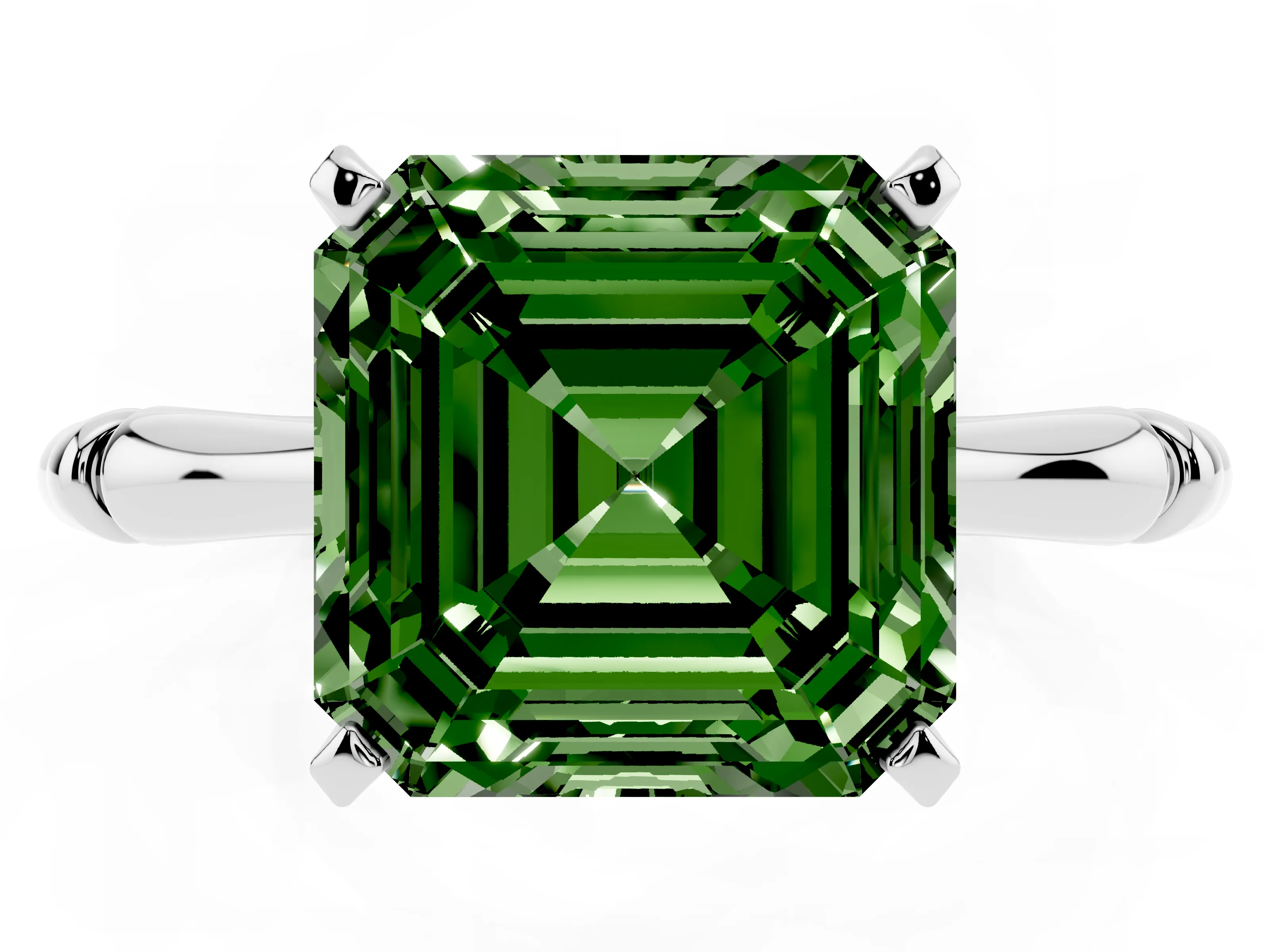 Fancy Green Asscher Cut Diamond Solitaire Ring Set in Platinum with Bamboo Band and Prong Setting