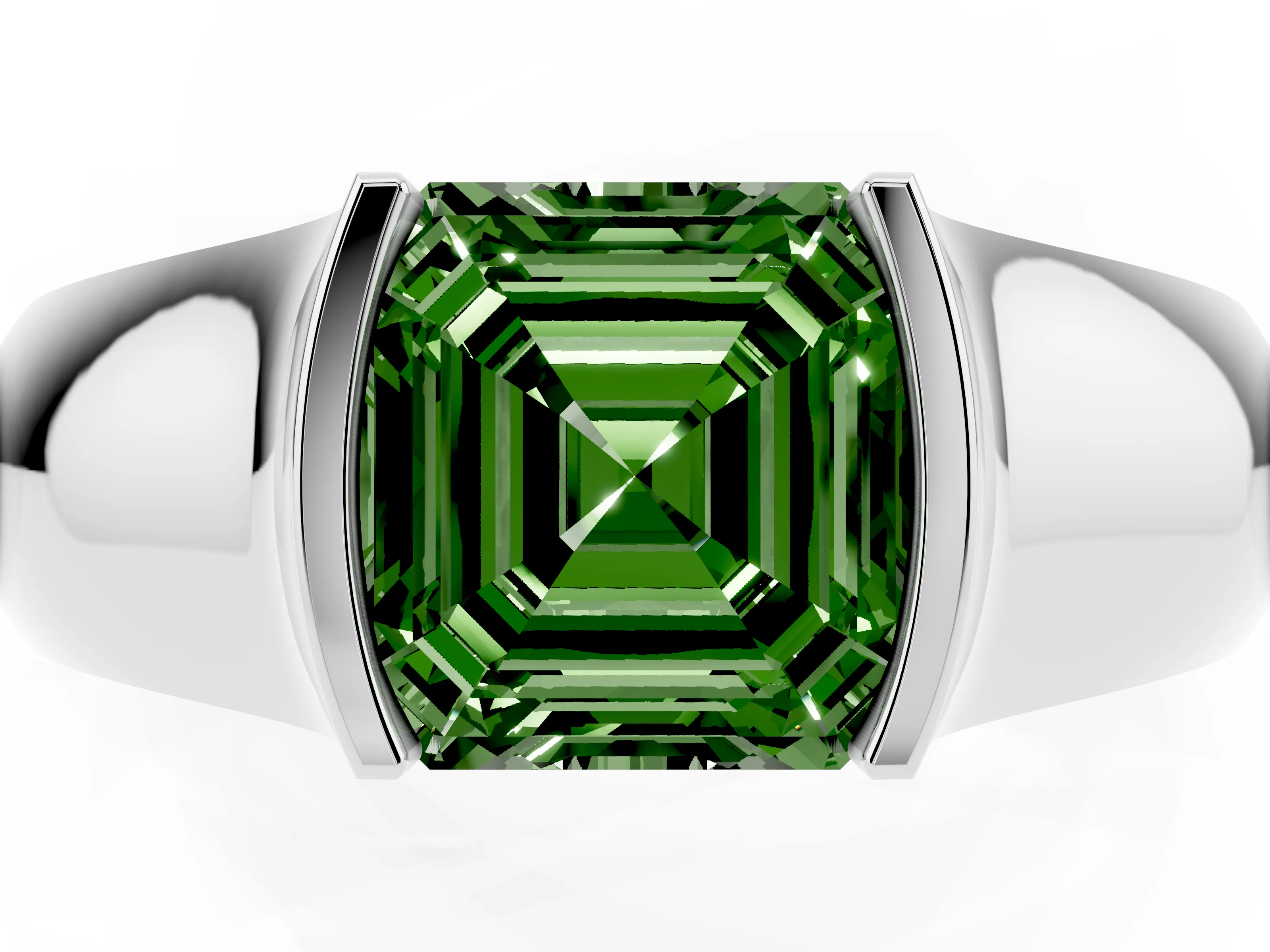 Fancy Green Asscher Cut Diamond Bezel Solitaire Ring Set in White gold with Wide Band