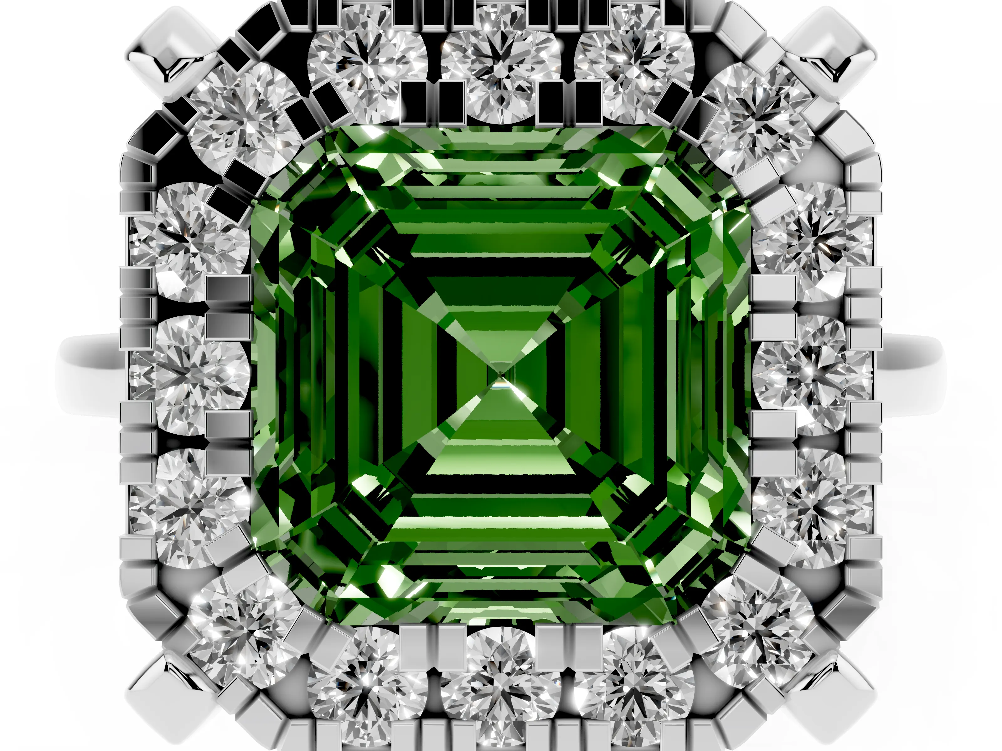Fancy Green Asscher Cut Diamond Cluster Halo Solitaire Ring Set in Silver with Prong Setting