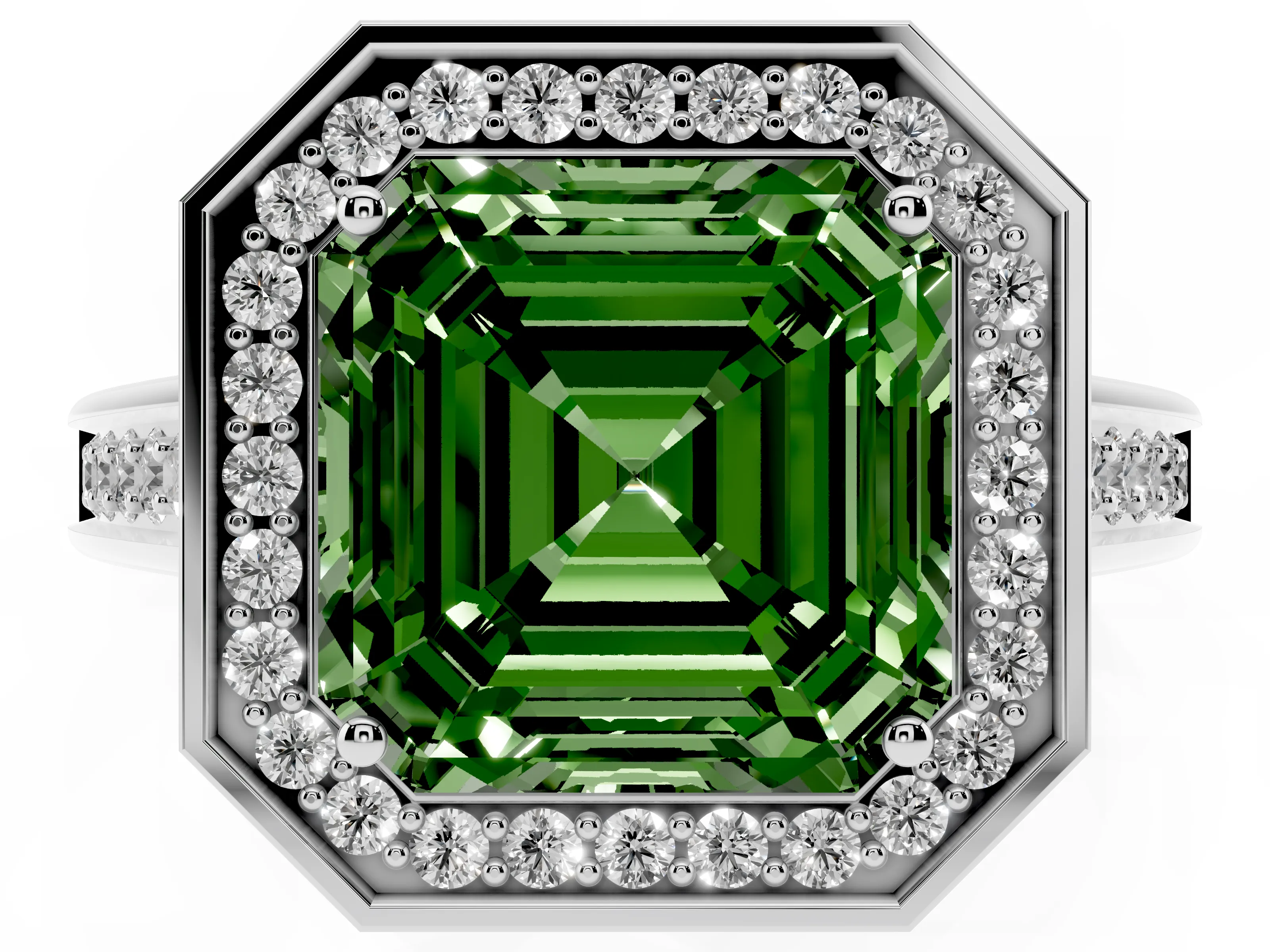 Fancy Green Asscher Cut Diamond Halo Solitaire Ring Set in Platinum with Pavé Band and Bezel Setting