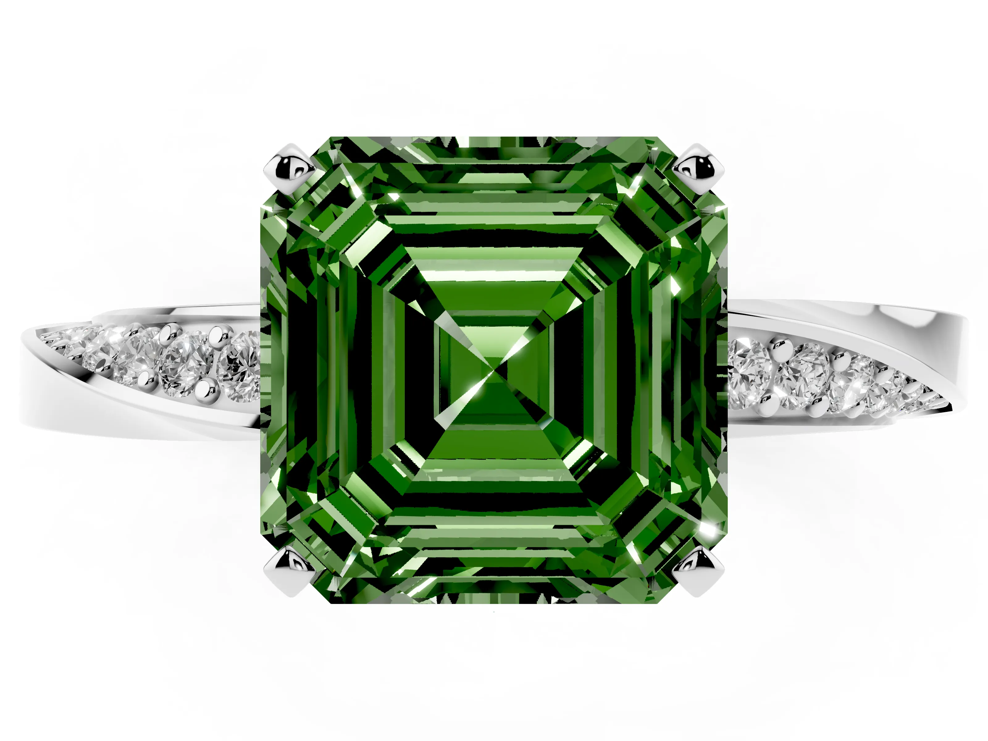 Fancy Green Asscher Cut Diamond Engagement Ring Set in White gold with Side Stone Accents and Prong Setting