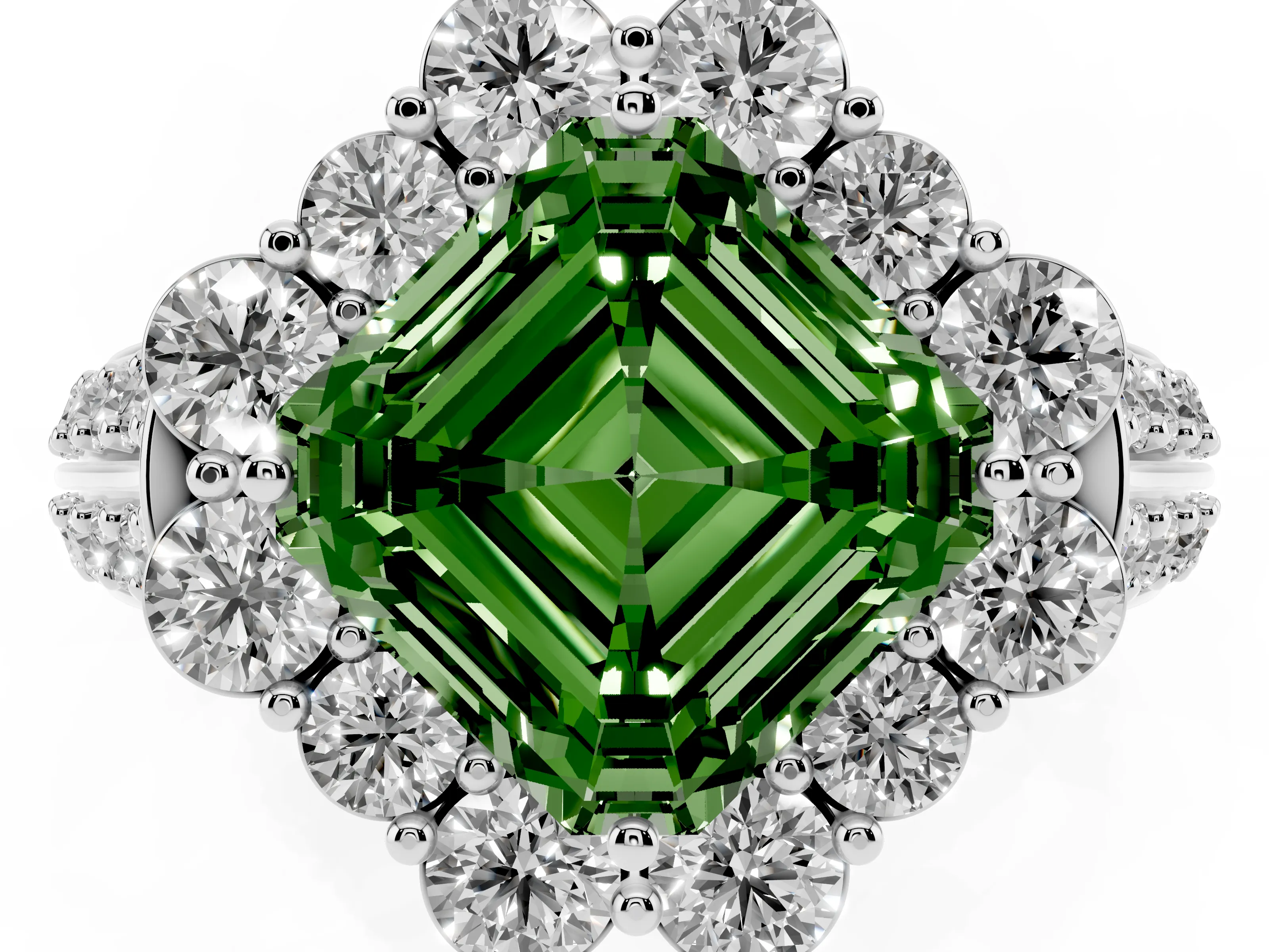Fancy Green Asscher Cut Diamond Halo Engagement Ring Set in Silver with Split Shank and Prong Setting