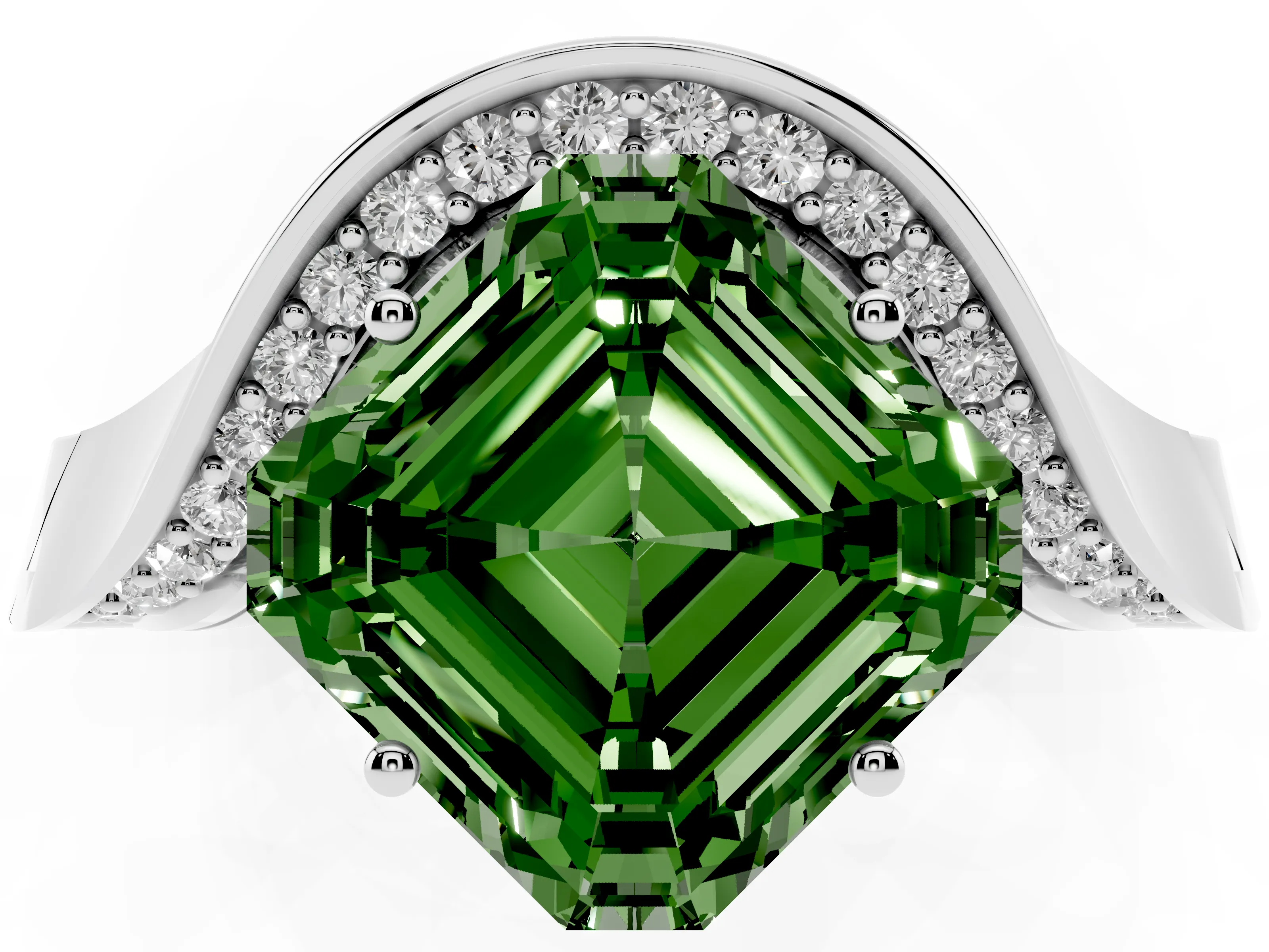 Fancy Green Asscher Cut Diamond Solitaire Engagement Ring Set in Platinum with Pavé Shoulders