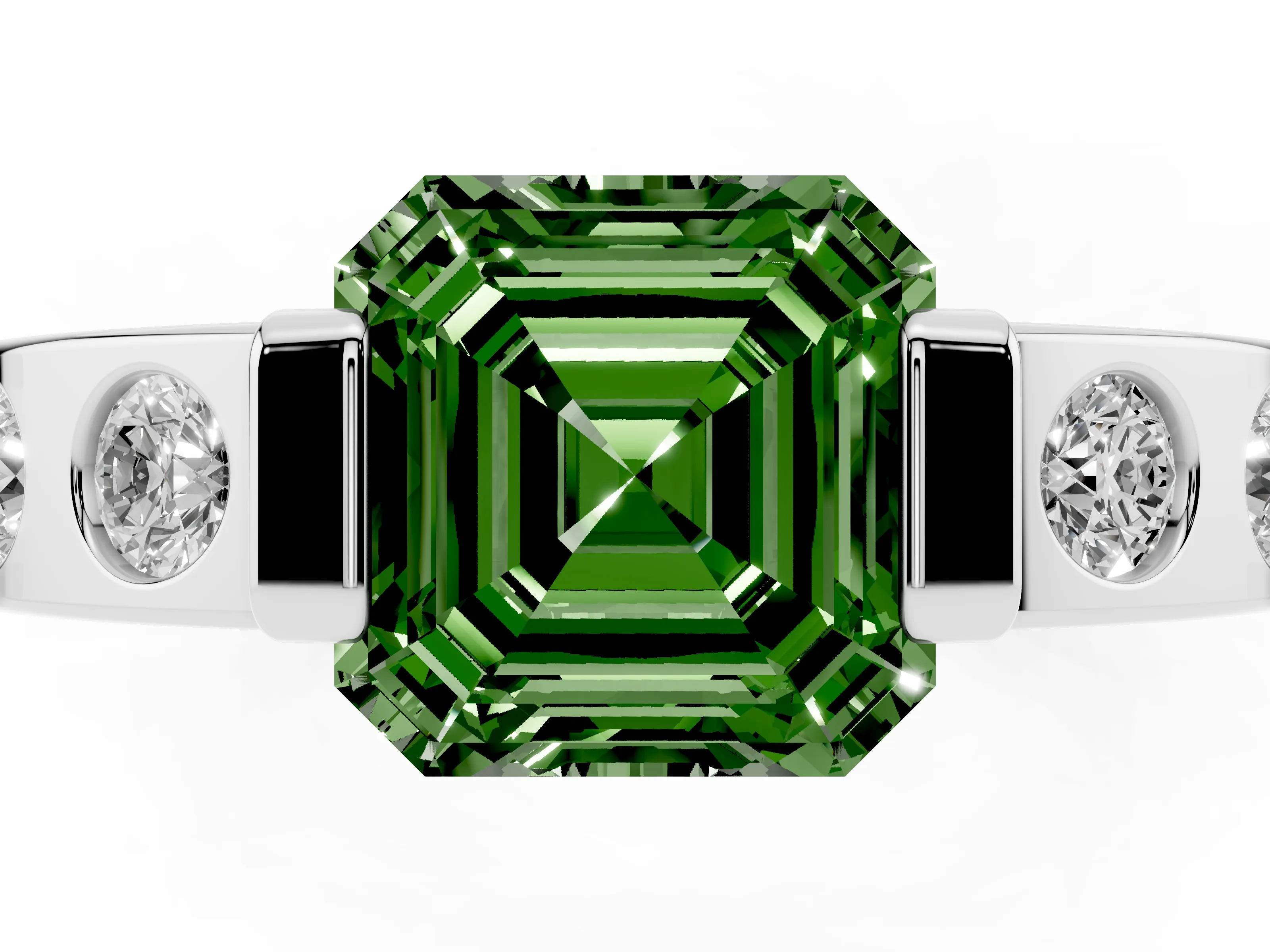 Fancy Green Asscher Cut Diamond Channel-Set Band Ring Set in Silver with Bezel Prong Setting