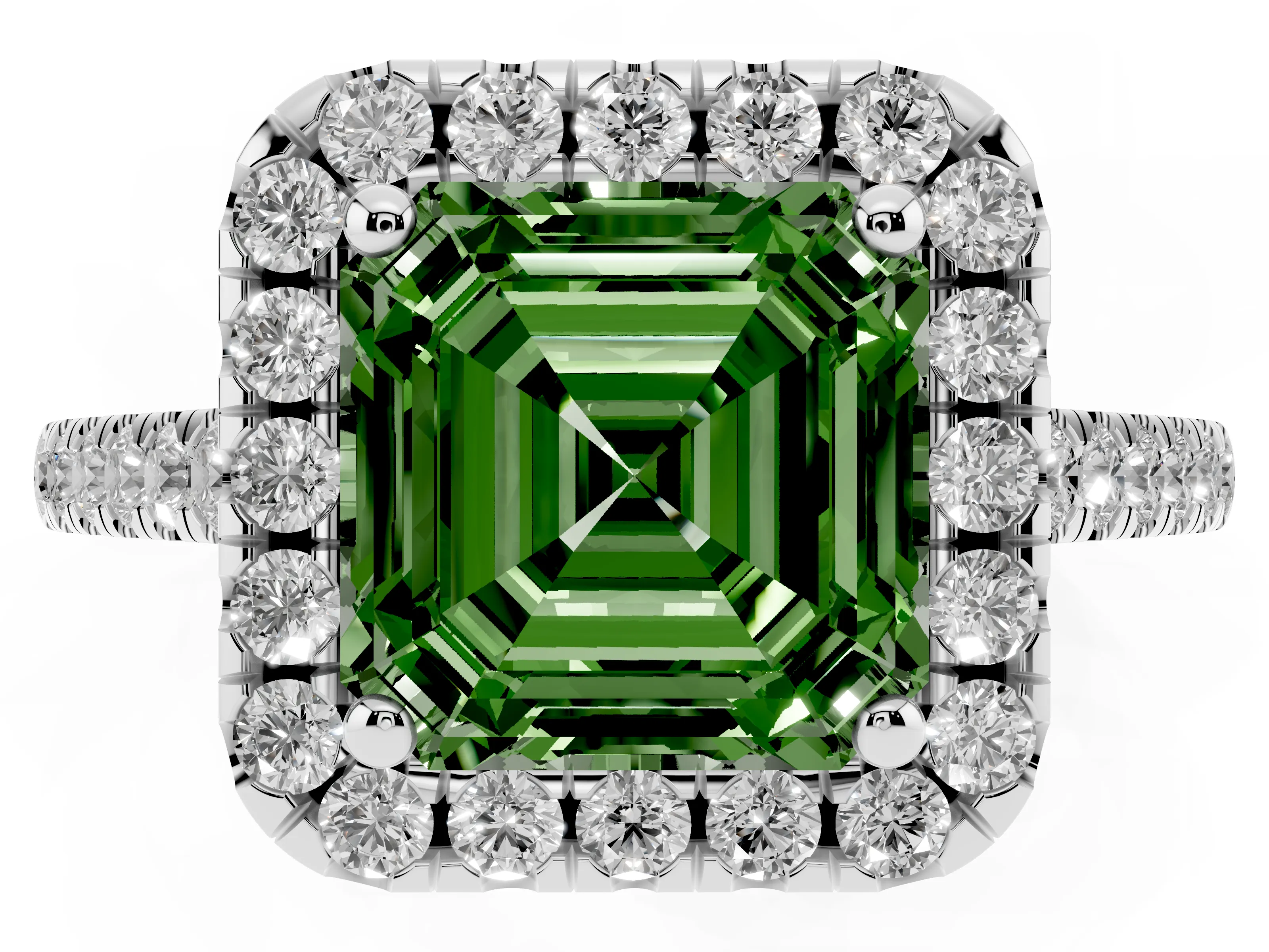 Fancy Green Asscher Cut Diamond Pavé Halo Engagement Ring Set in White gold with Pavé Band and Prong Setting