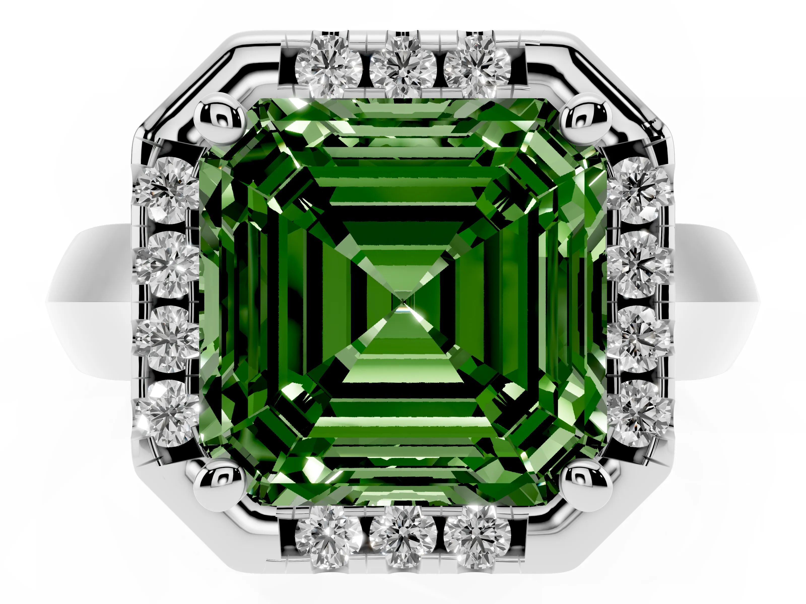Fancy Green Asscher Cut Diamond Halo Solitaire Engagement Ring Set in Silver with Square Band and Prong Setting