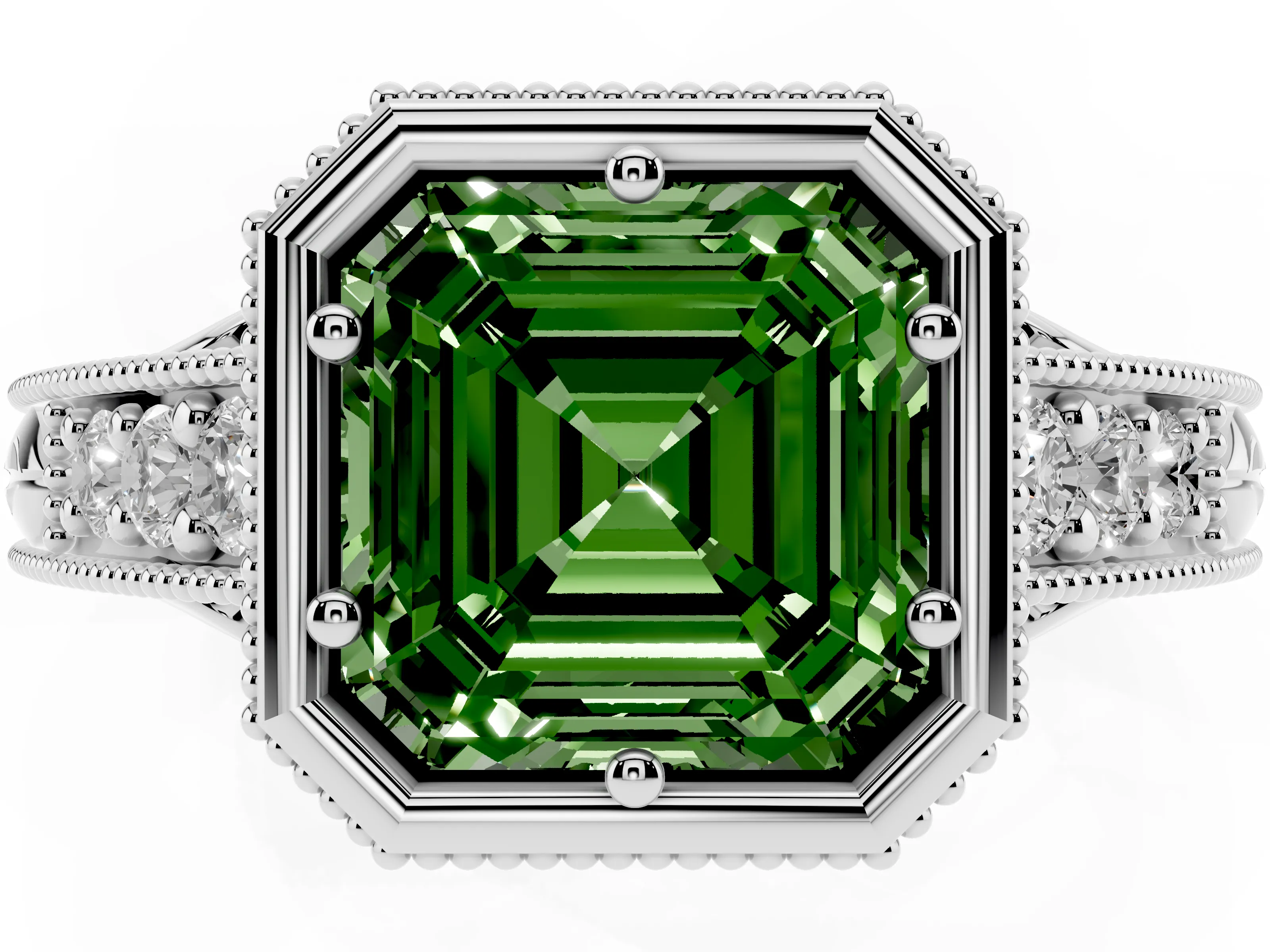 Fancy Green Bezel Set Asscher Cut Diamond Milgrain Pavé Engagement Ring Set in Silver