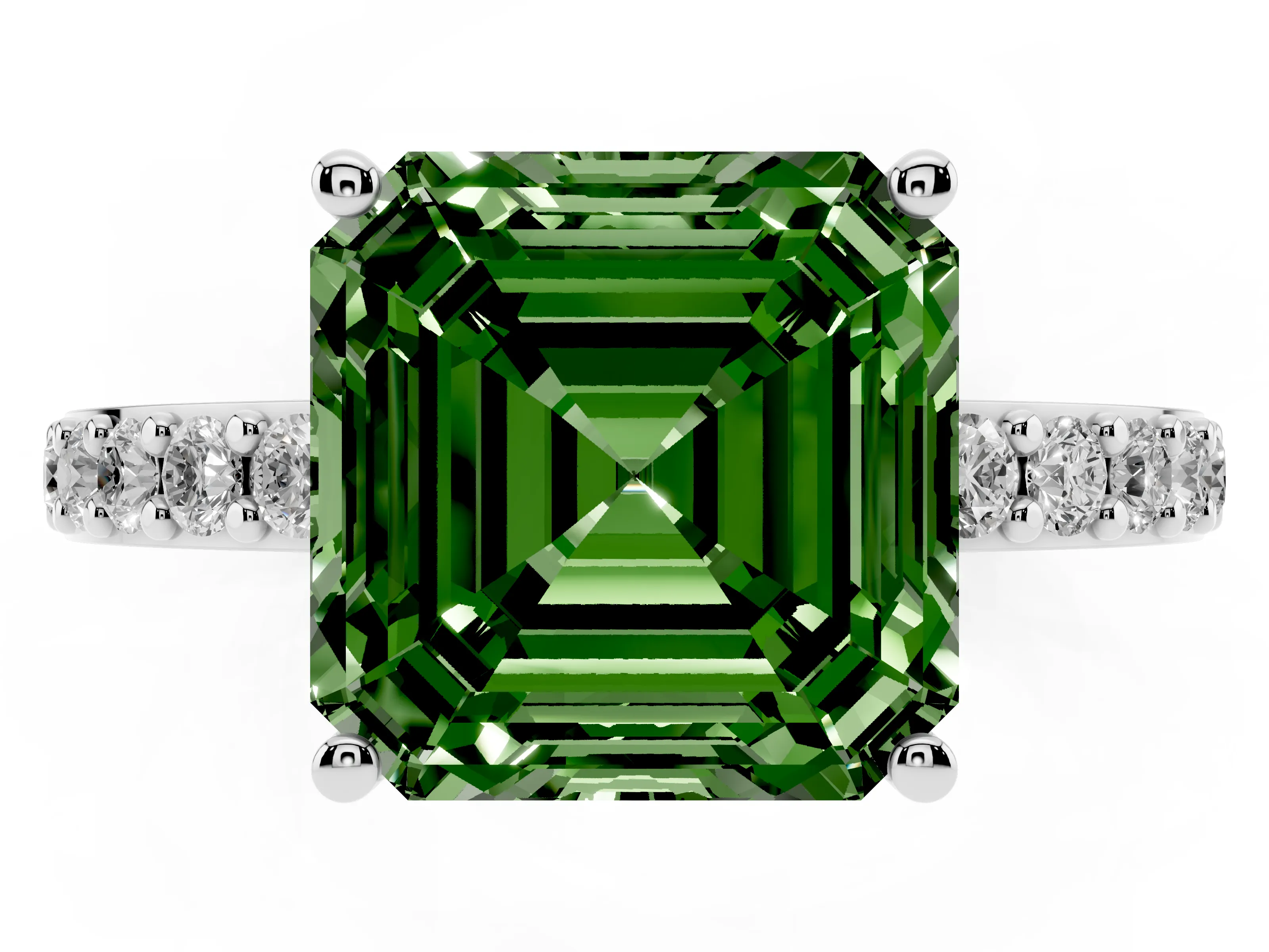 Fancy Green Asscher Cut Diamond Solitaire Set in Silver with Round Pavé Band and Prong Setting