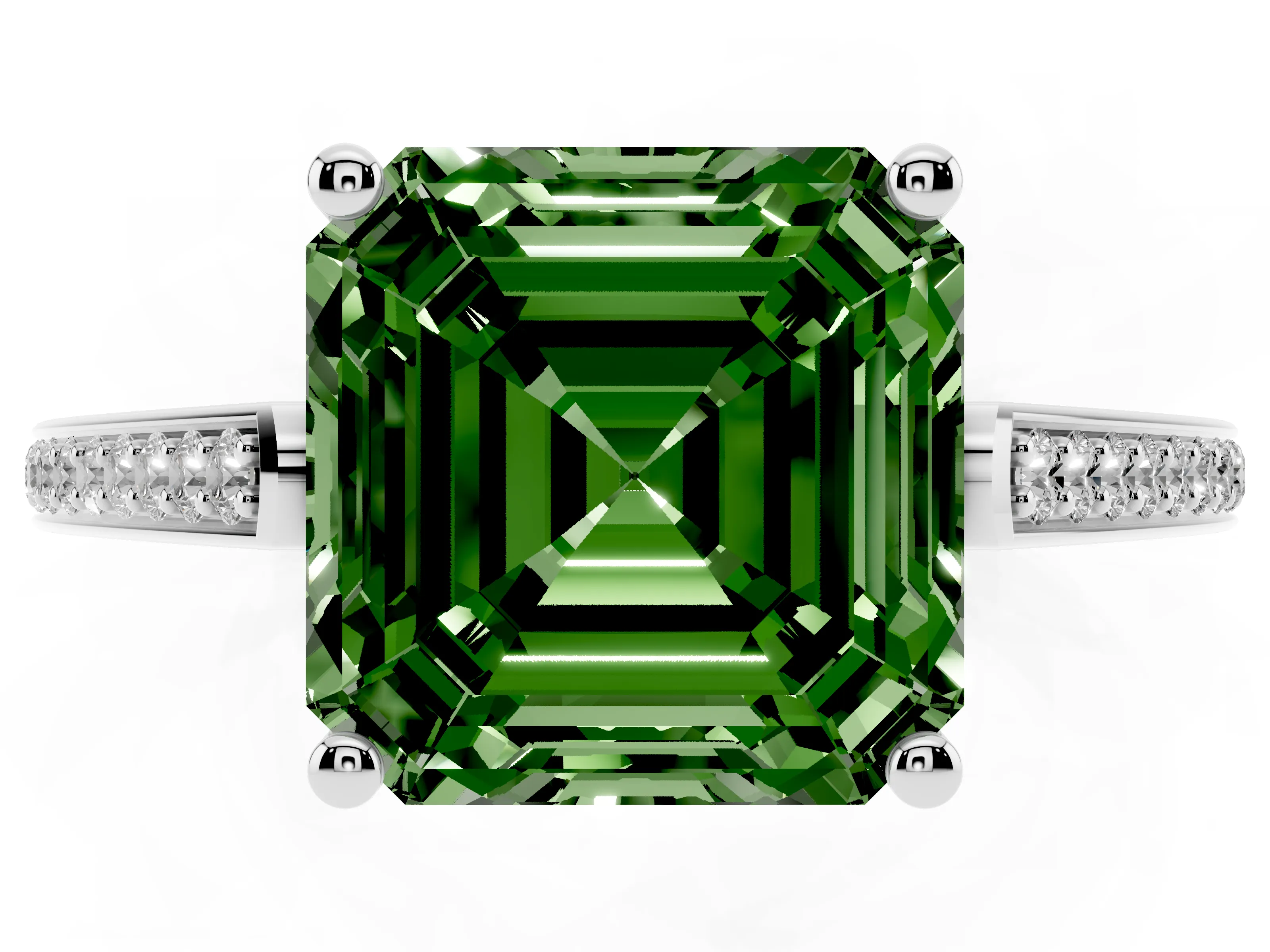 Fancy Green Asscher Cut Diamond Cathedral Pavé Engagement Ring Set in Silver with Prong Setting