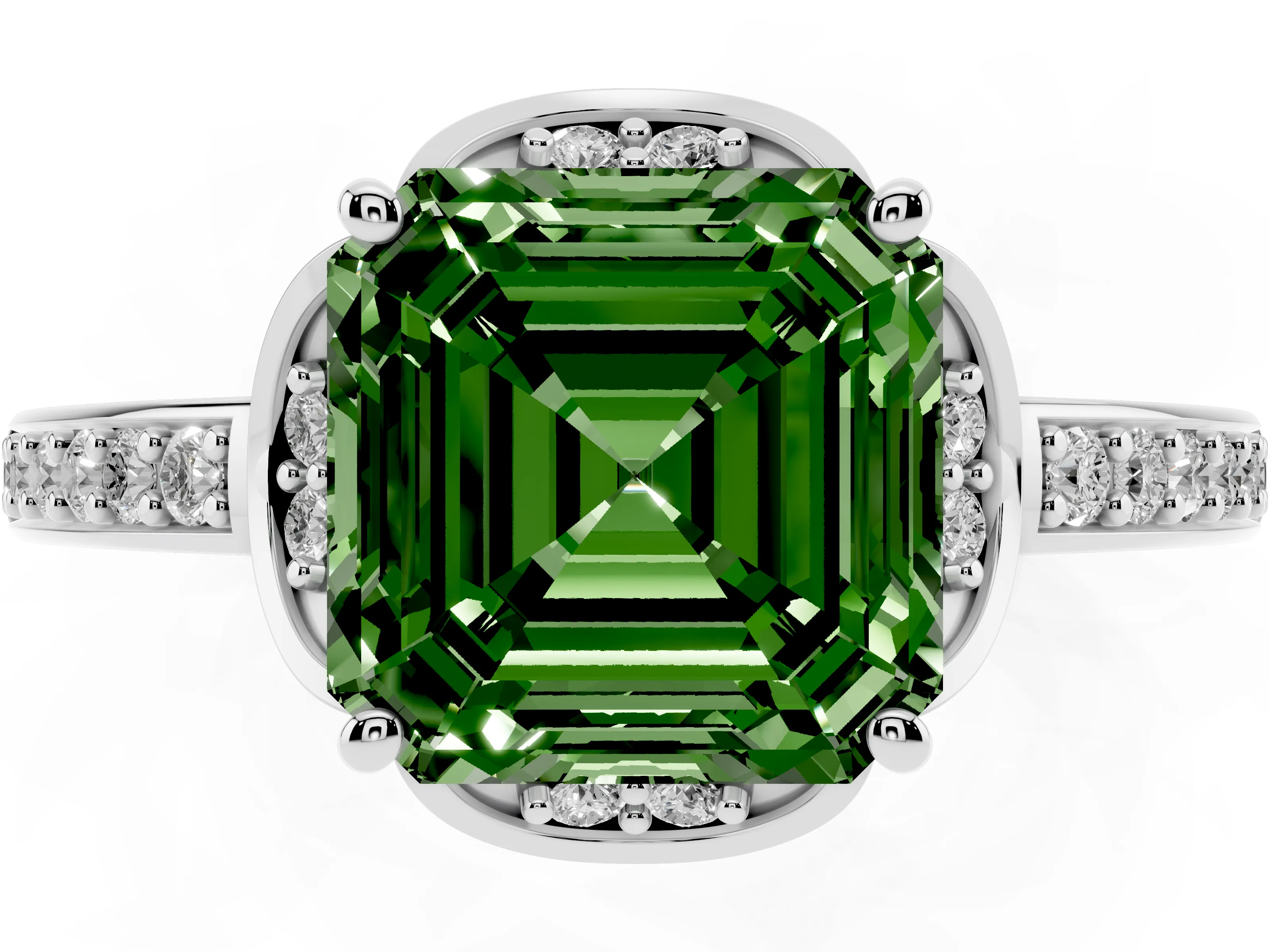 Fancy Green Asscher Cut Diamond Halo Ring Set in Platinum with Channel Set Band and Prong Setting