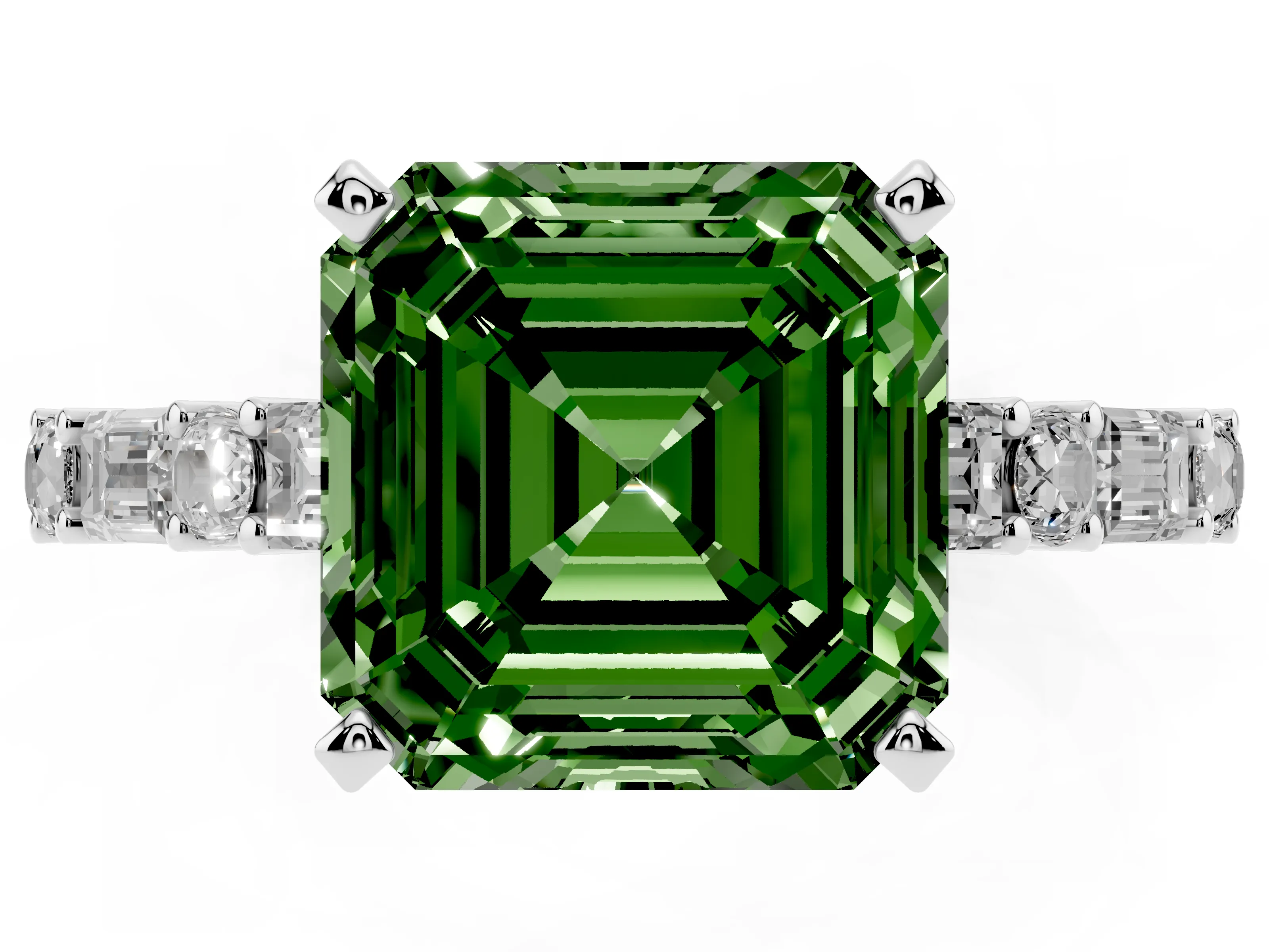 Fancy Green Asscher Cut Diamond Solitaire Set in White gold with Side Baguettes and Channel Set Band