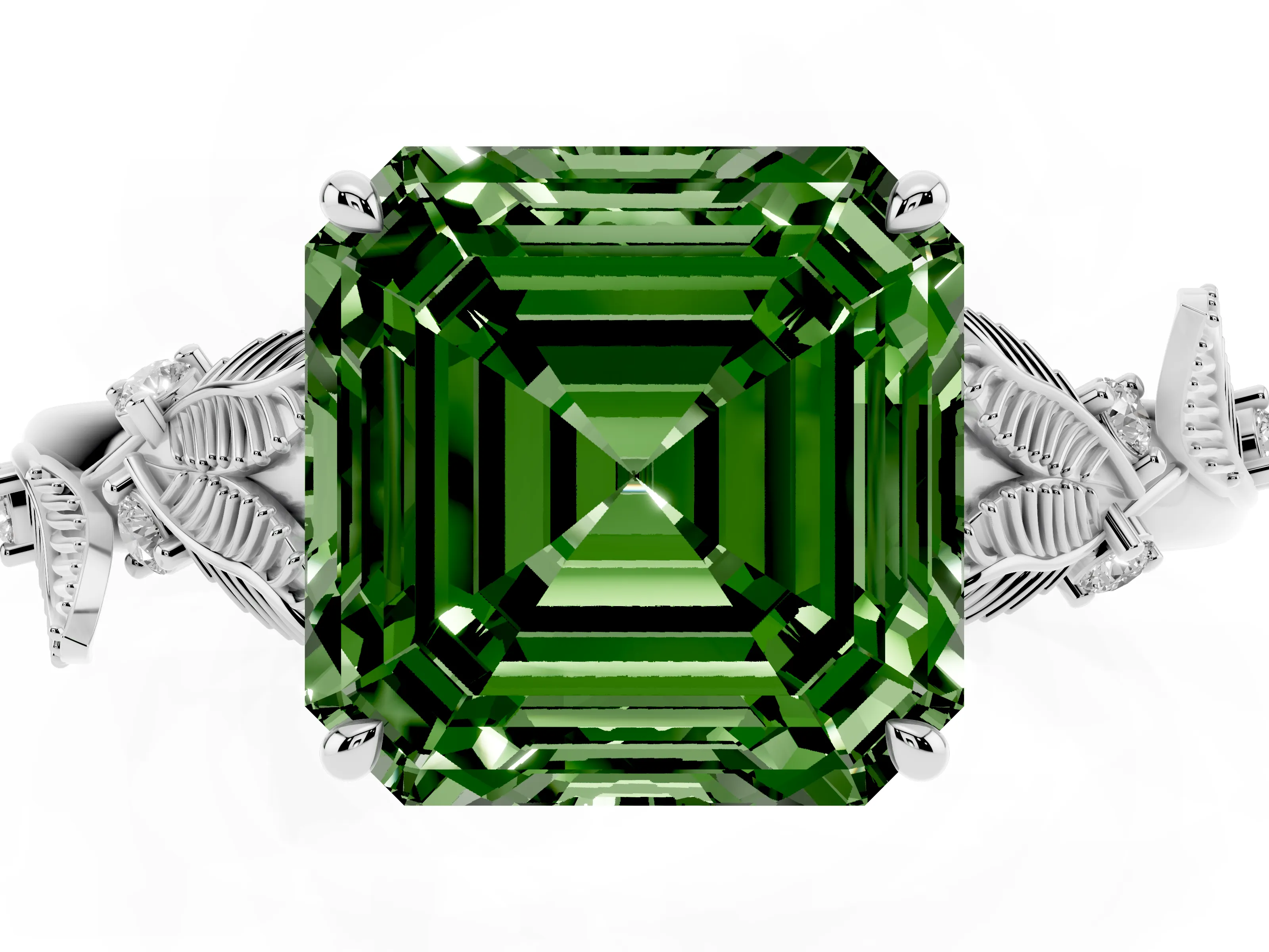 Fancy Green Asscher Cut Diamond Solitaire Ring Set in White gold with Leaf Motif Band