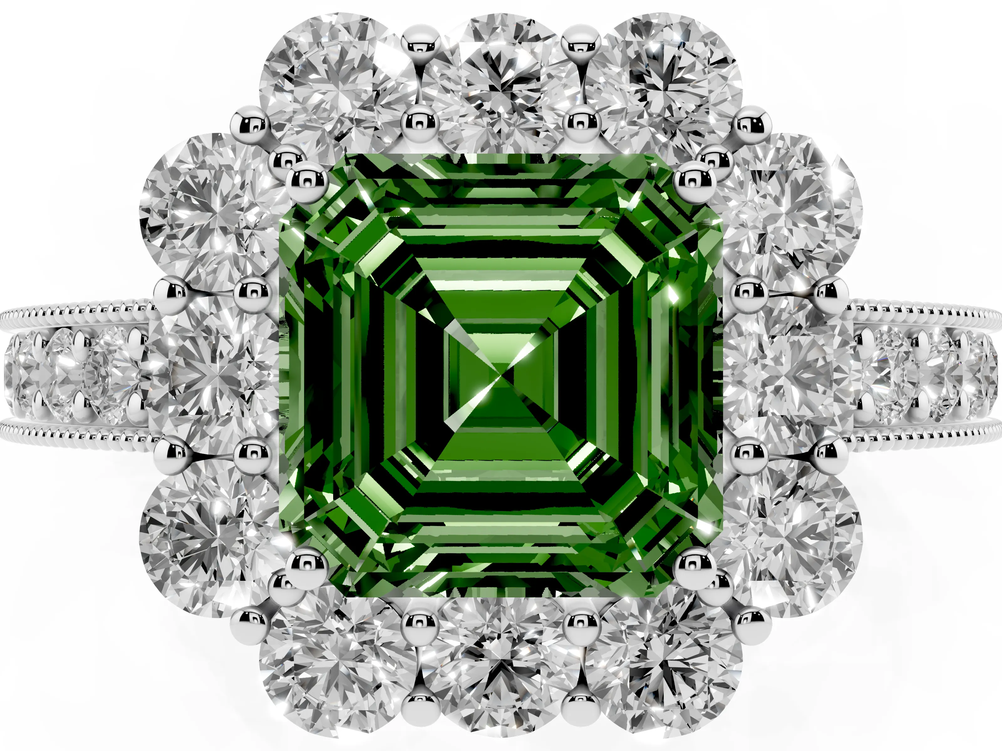 Fancy Green Asscher Cut Diamond Halo Pavé Engagement Ring Set in White gold with Milgrain Detailing