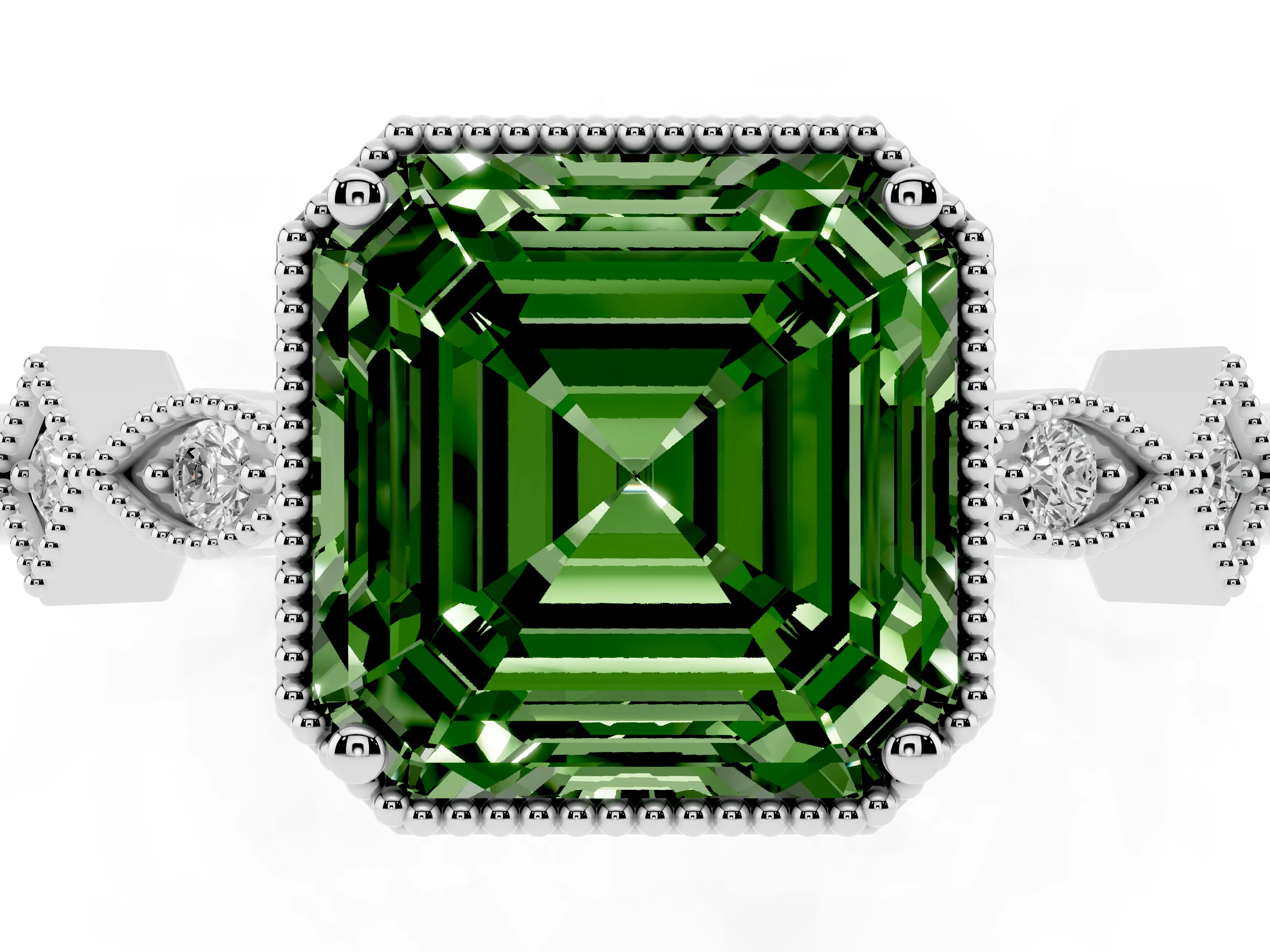 Fancy Green Asscher Cut Diamond Milgrain Marquise Twist Band Ring Set in Platinum with Prong Setting