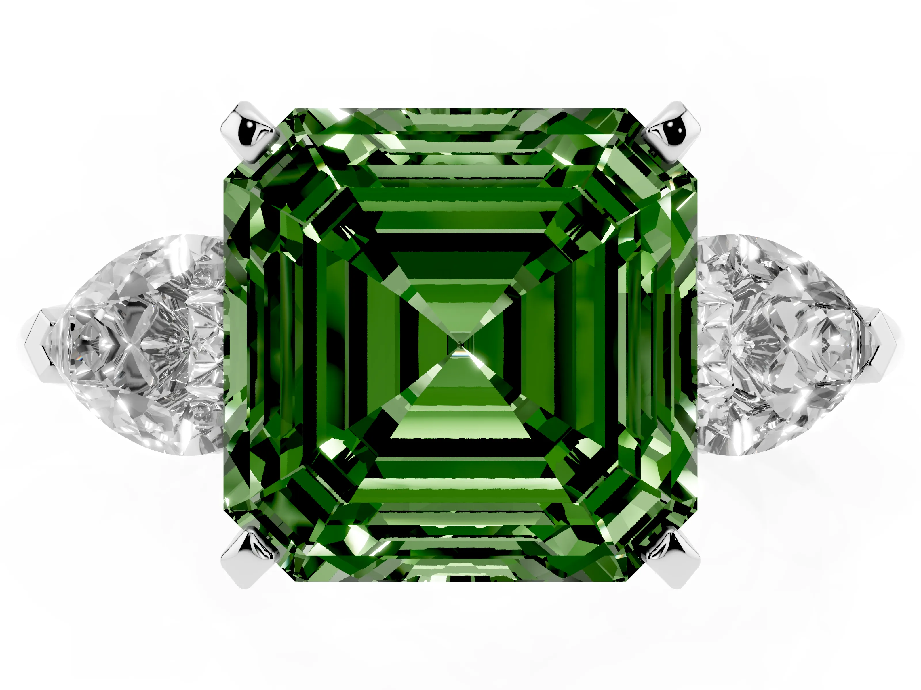 Fancy Green Three-Stone Asscher Cut Diamond Ring Set in Silver with Pear Side Stones and Prong Setting
