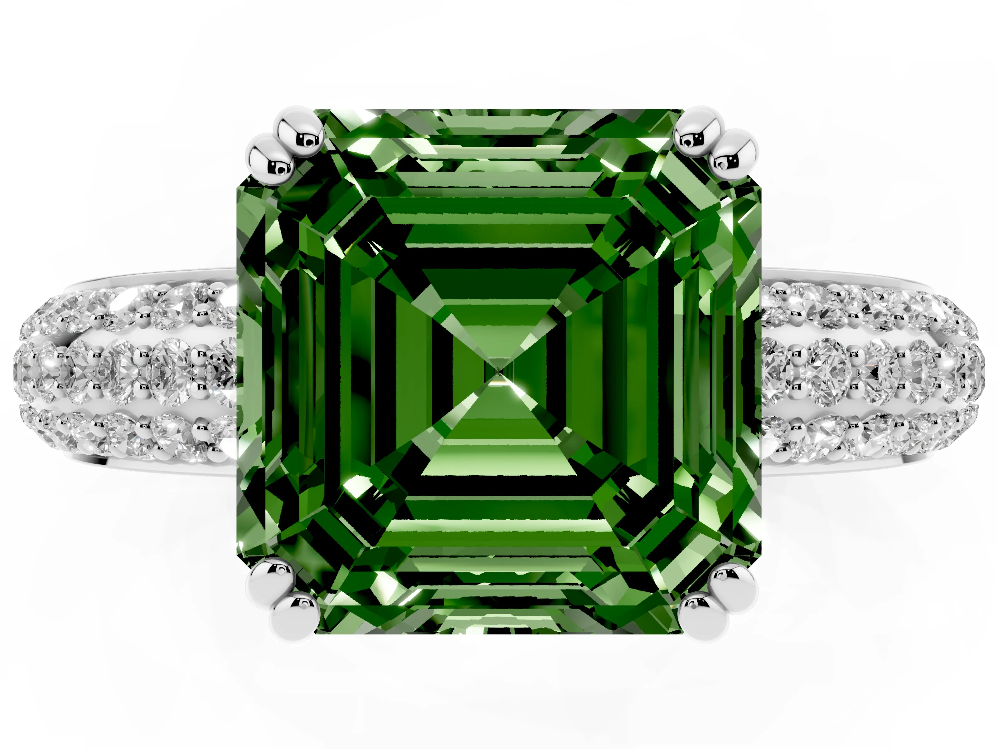 Fancy Green Asscher Cut Diamond Solitaire Ring Set in Platinum with Multi-Row Round Pavé Band and Prong Setting
