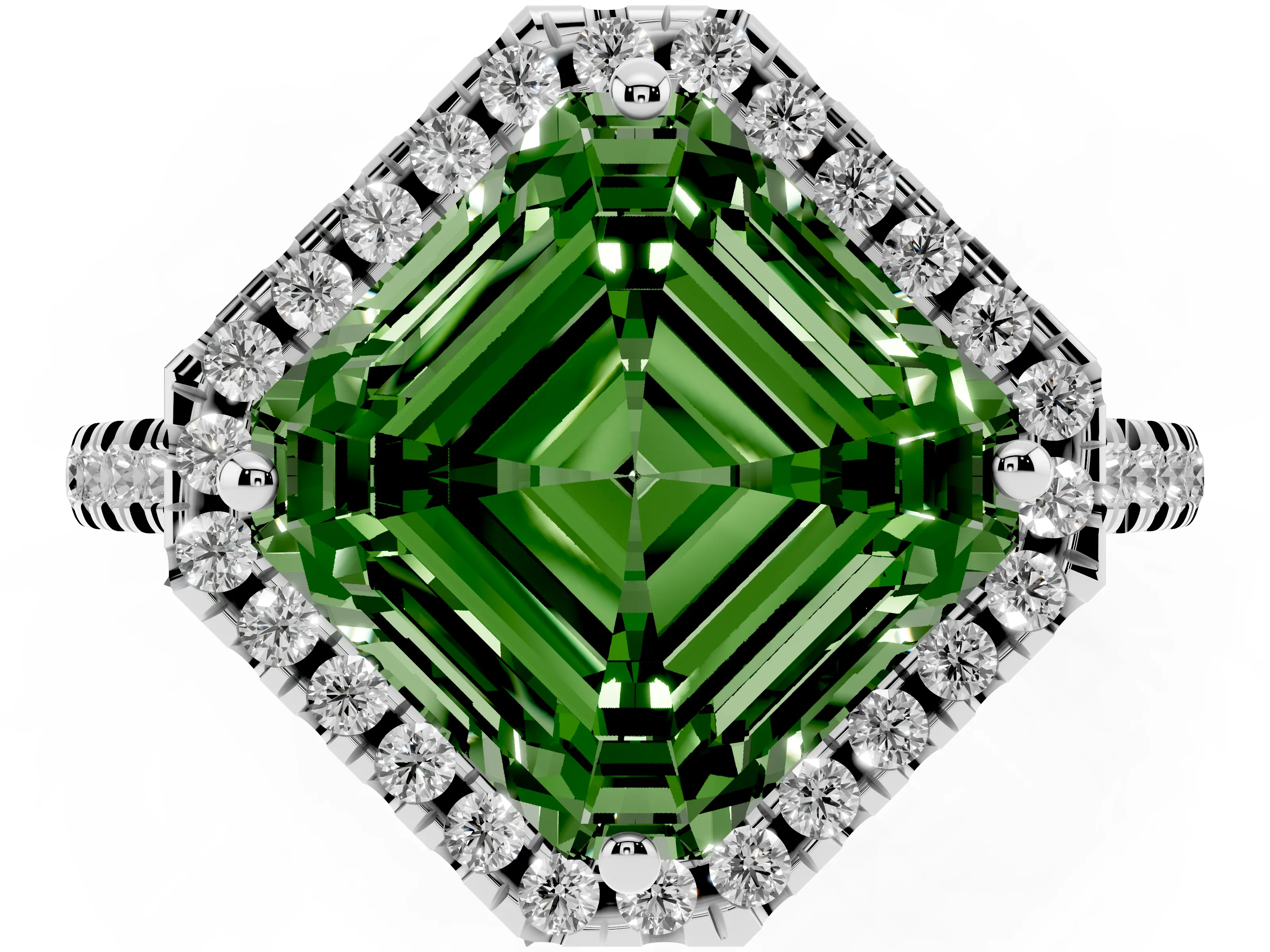 Fancy Green Asscher Cut Diamond Cushion Halo Ring Set in Silver with Pavé Band