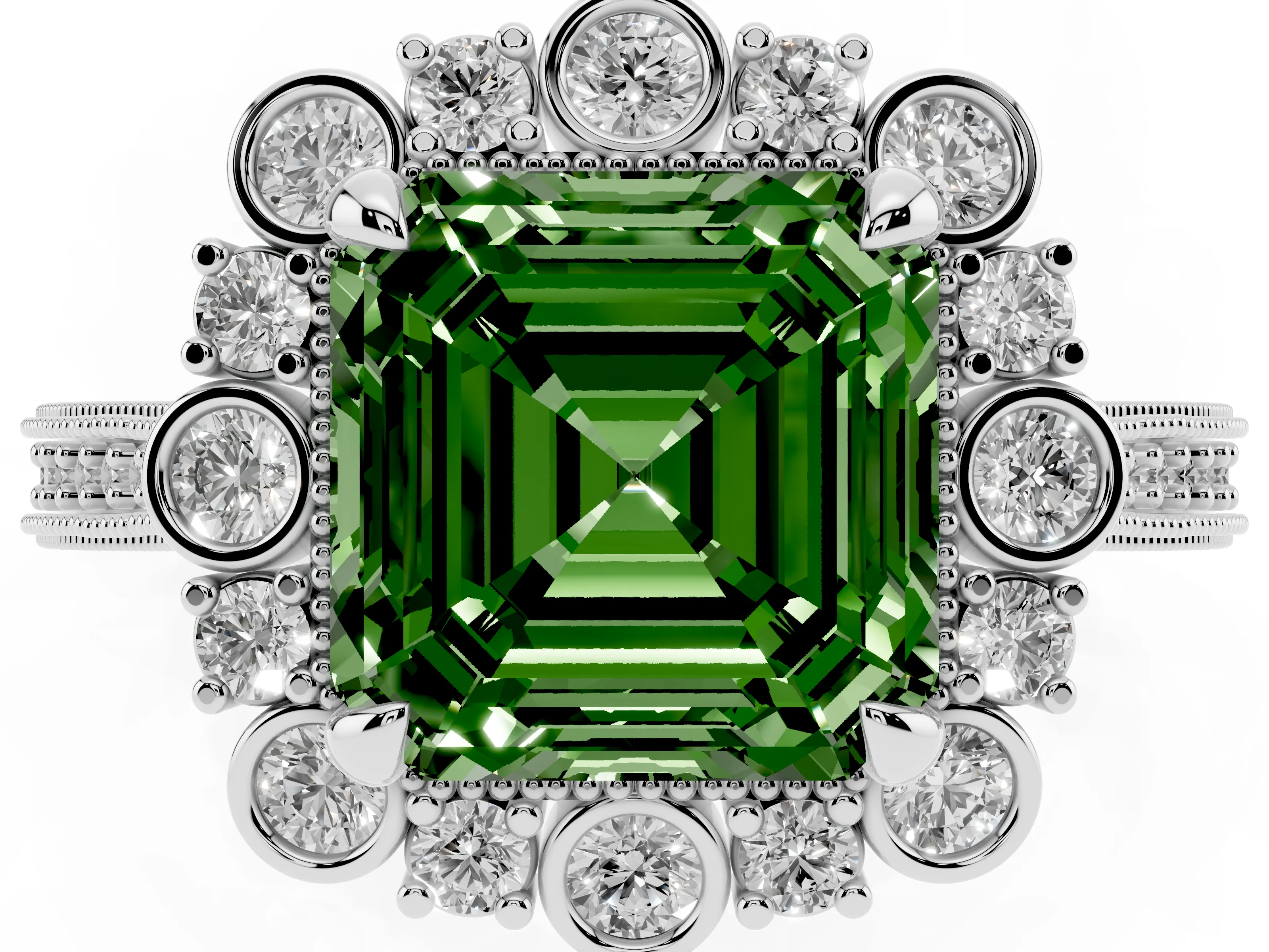 Fancy Green Asscher Cut Diamond Halo Milgrain Pavé Ring Set in White gold with Prong Setting