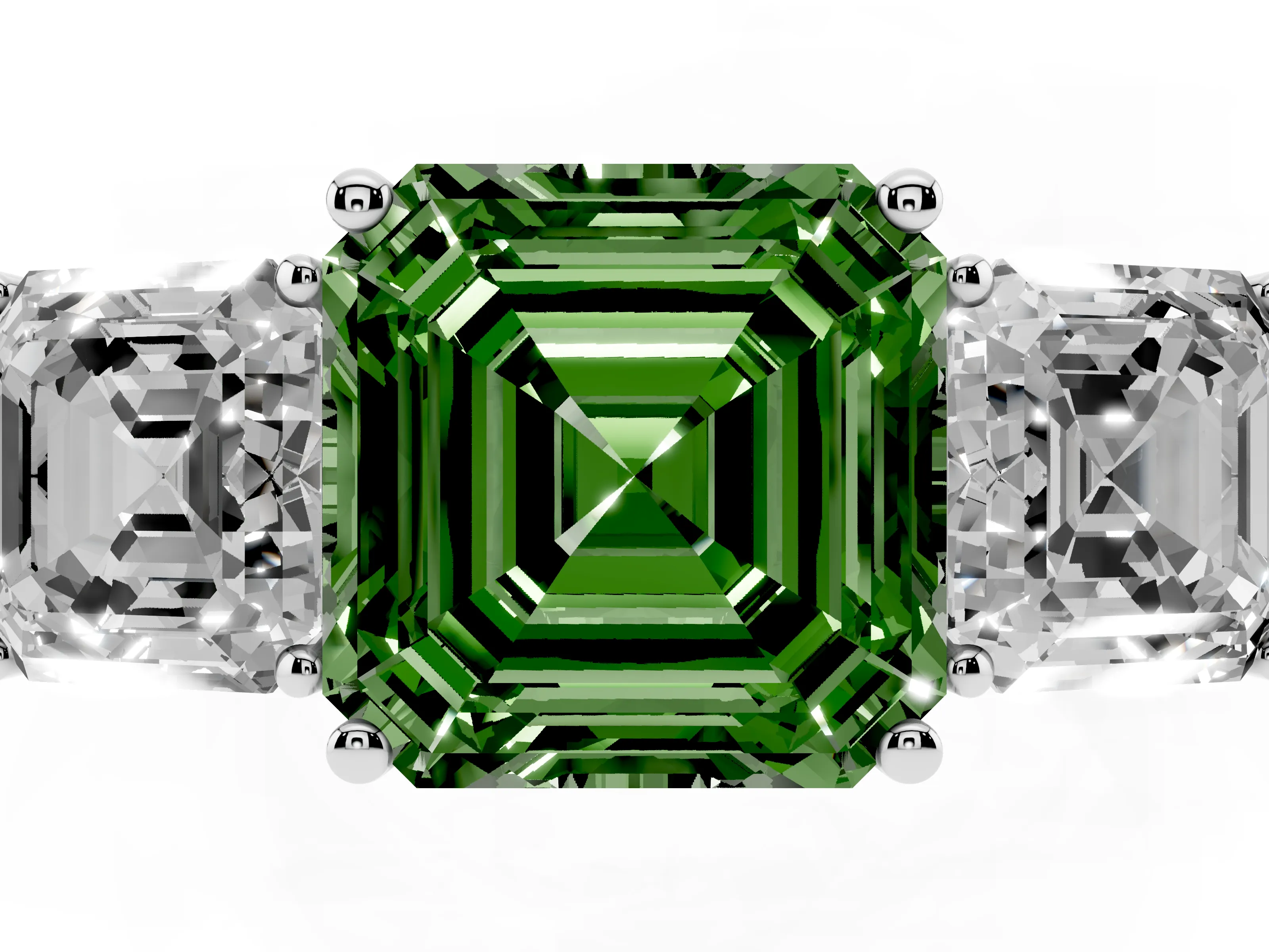 Fancy Green Asscher Cut Diamond Three-Stone Engagement Ring Set in White gold with Flat Band