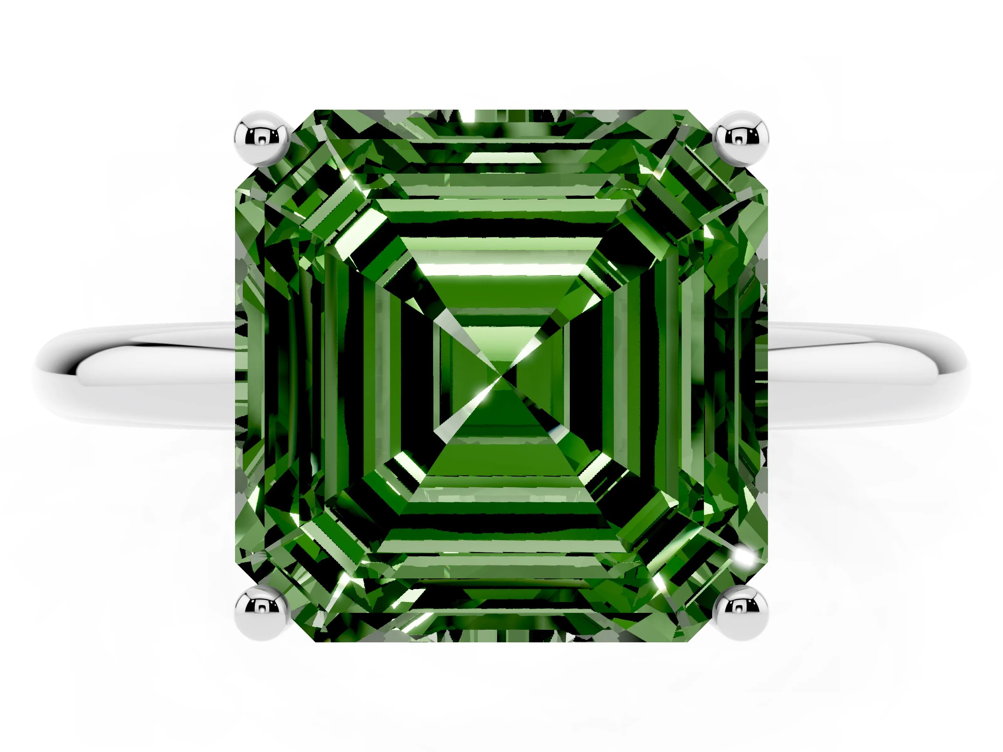 Fancy Green Asscher Cut Diamond Solitaire Engagement Ring Set in Platinum with Prong Setting and Polished Band