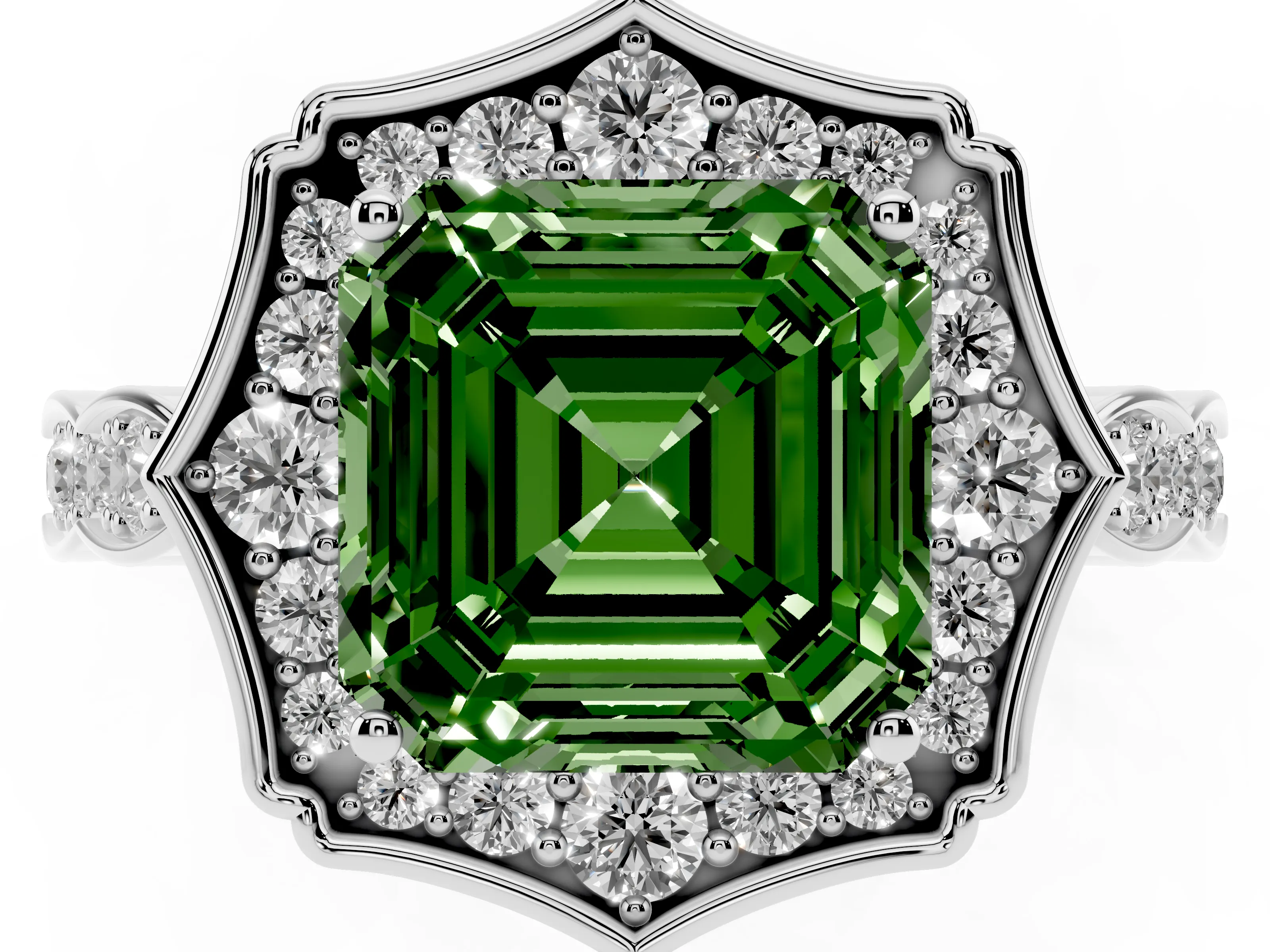 Fancy Green Asscher Cut Diamond Halo Engagement Ring Set in White gold with Milgrain Band and Prong Setting