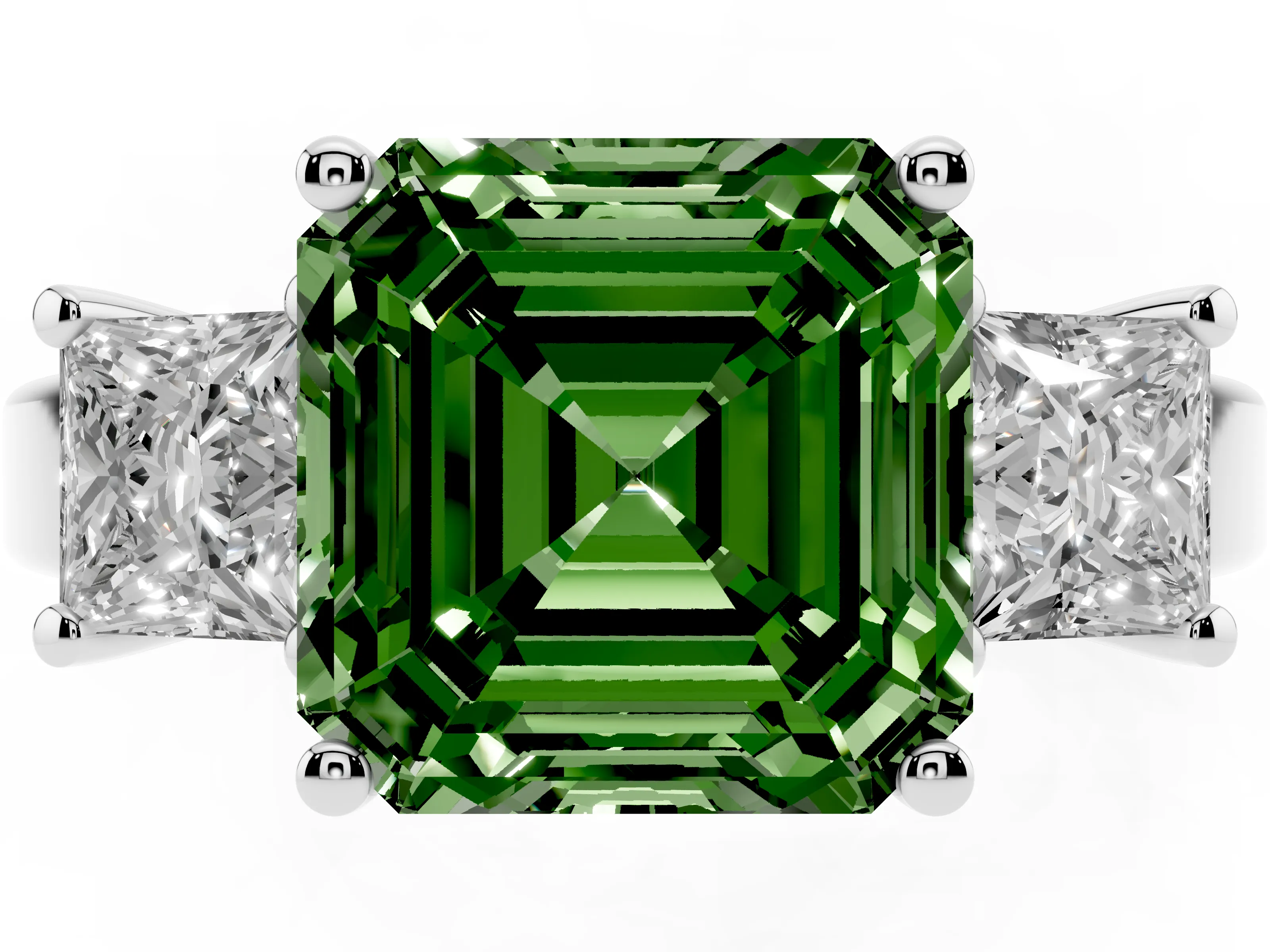 Fancy Green Three-Stone Asscher Cut Diamond Solitaire Ring Set in Silver with Prong Setting