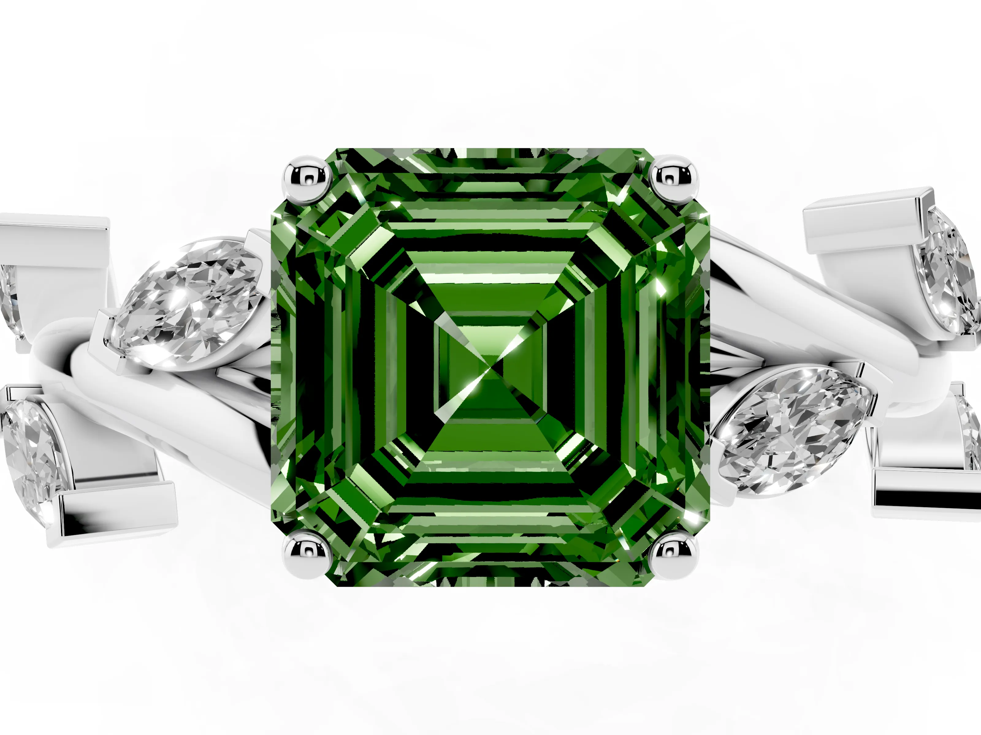 Fancy Green Asscher Cut Diamond Solitaire Ring Set in White gold with Twisted Marquise Accent Band