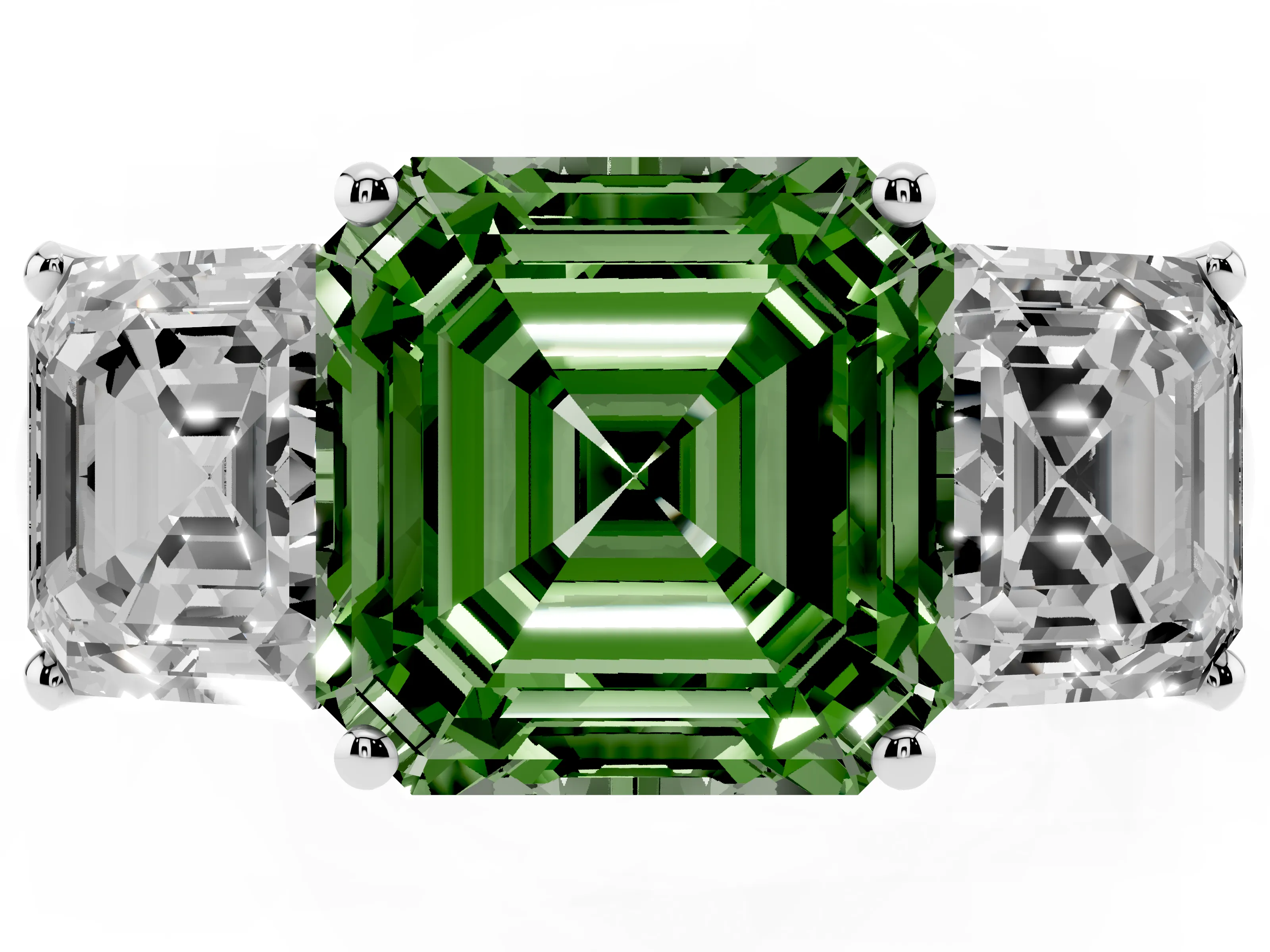 Fancy Green Asscher Cut Diamond Three-Stone Ring Set in Platinum with Classic Prong Setting and Plain Band