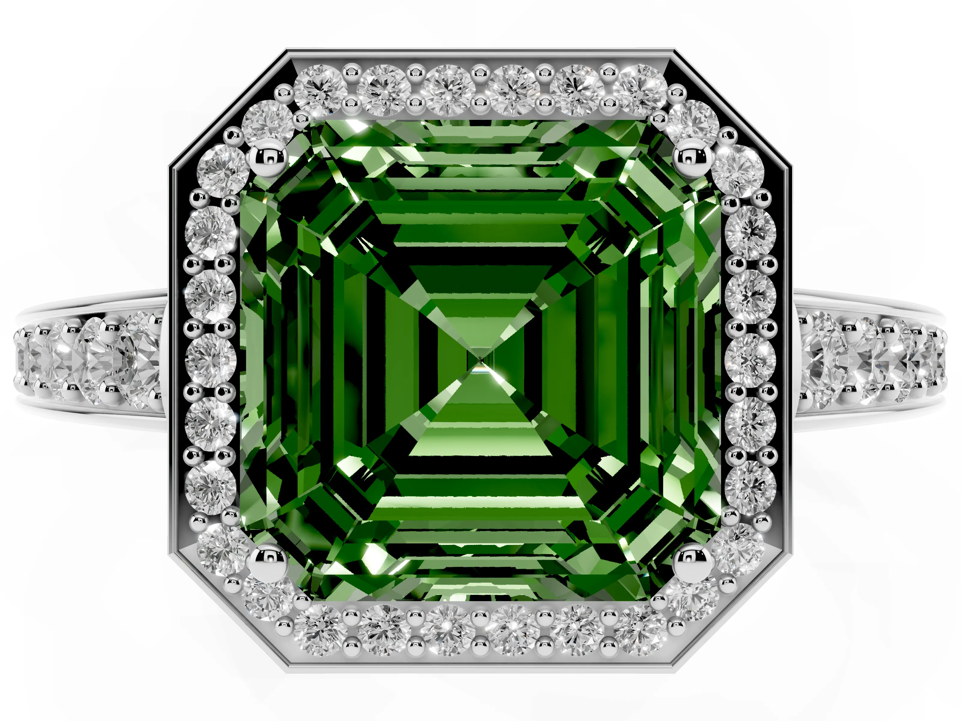 Fancy Green Asscher Cut Diamond Halo Pavé Engagement Ring Set in Platinum with Bezel Setting